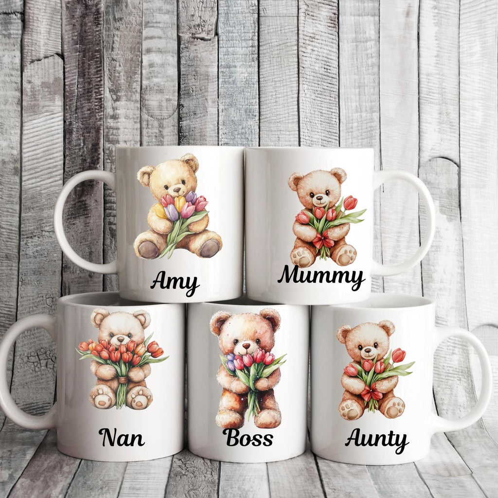 Personalised Teddy Bear With Tulips Ceramic Mug, watercolour Teddy Bear Coffee Mug, Mothers Day, Birthday Gift. Tulips