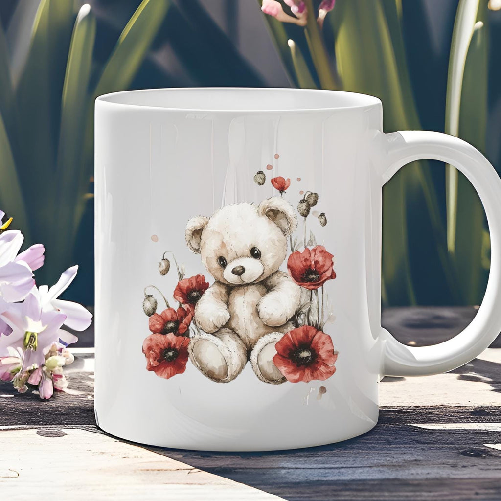 Teddy Bear watercolour Mug.Bear With Poppies By Snuggles And Sparkles. Baby Teddy Bear