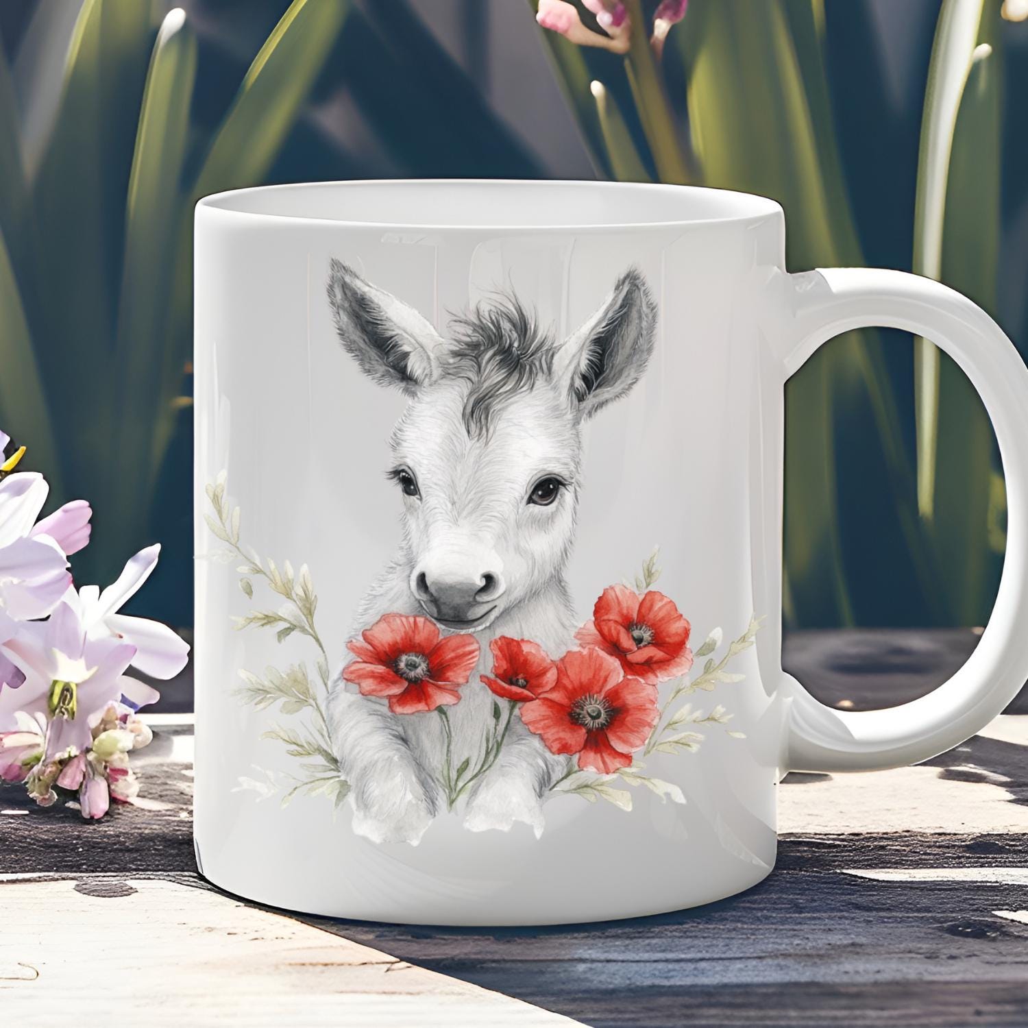 Donkey watercolour Mug. Baby Donkey With Poppies By Snuggles And Sparkles.  Gift Mug