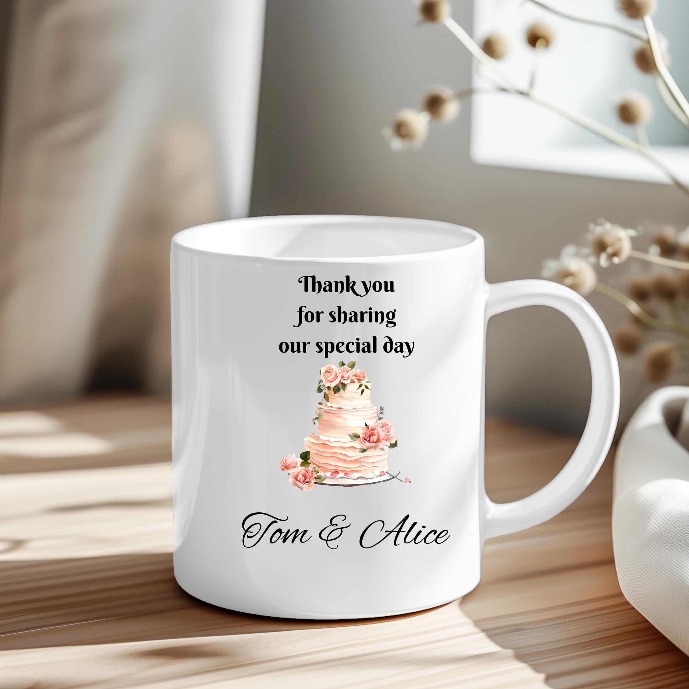 Personalized Wedding Favor Mug: Thank You Gift, Custom Names, 11oz Ceramic