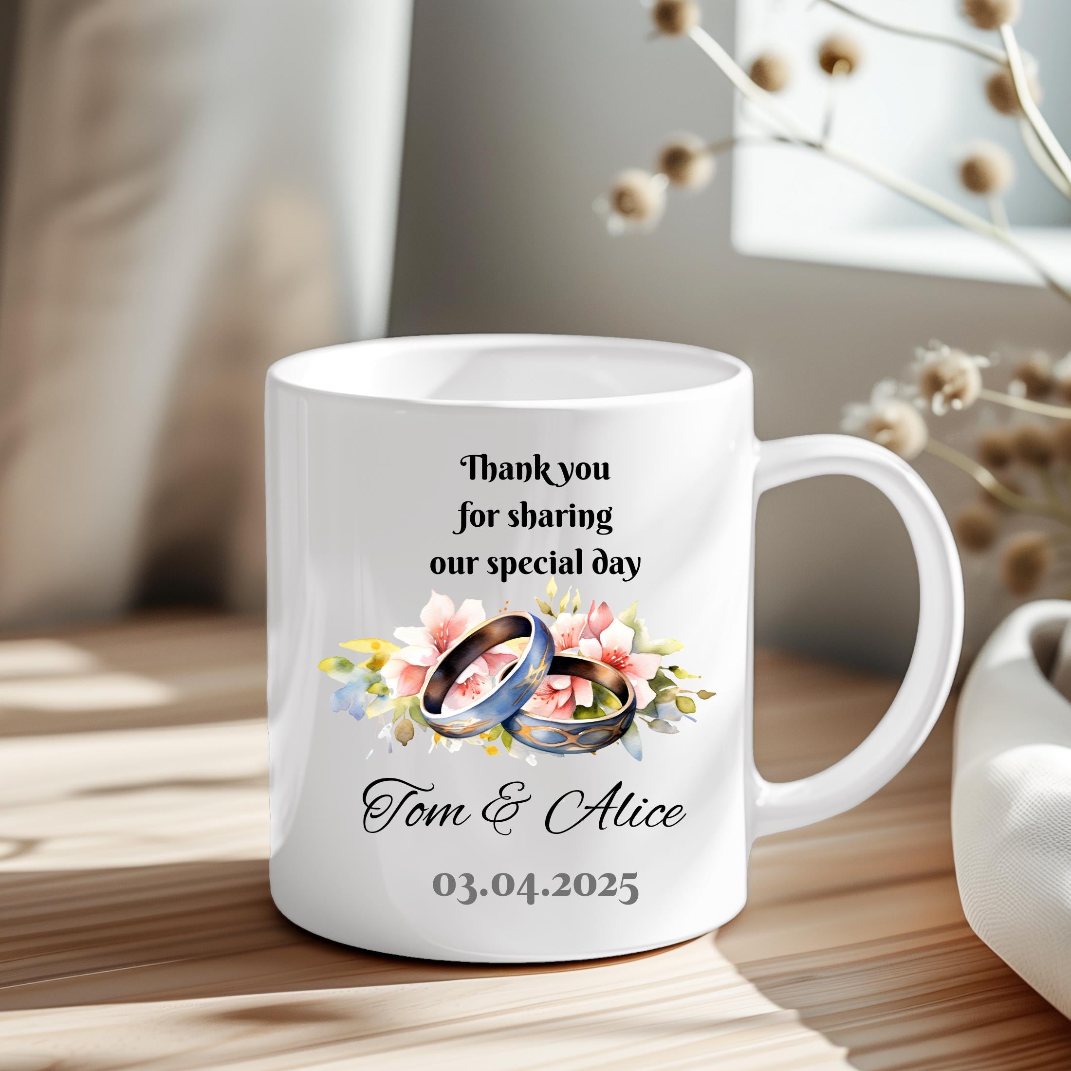 Personalized Wedding Favor Mug: Thank You Gift, Custom Names, 11oz Ceramic