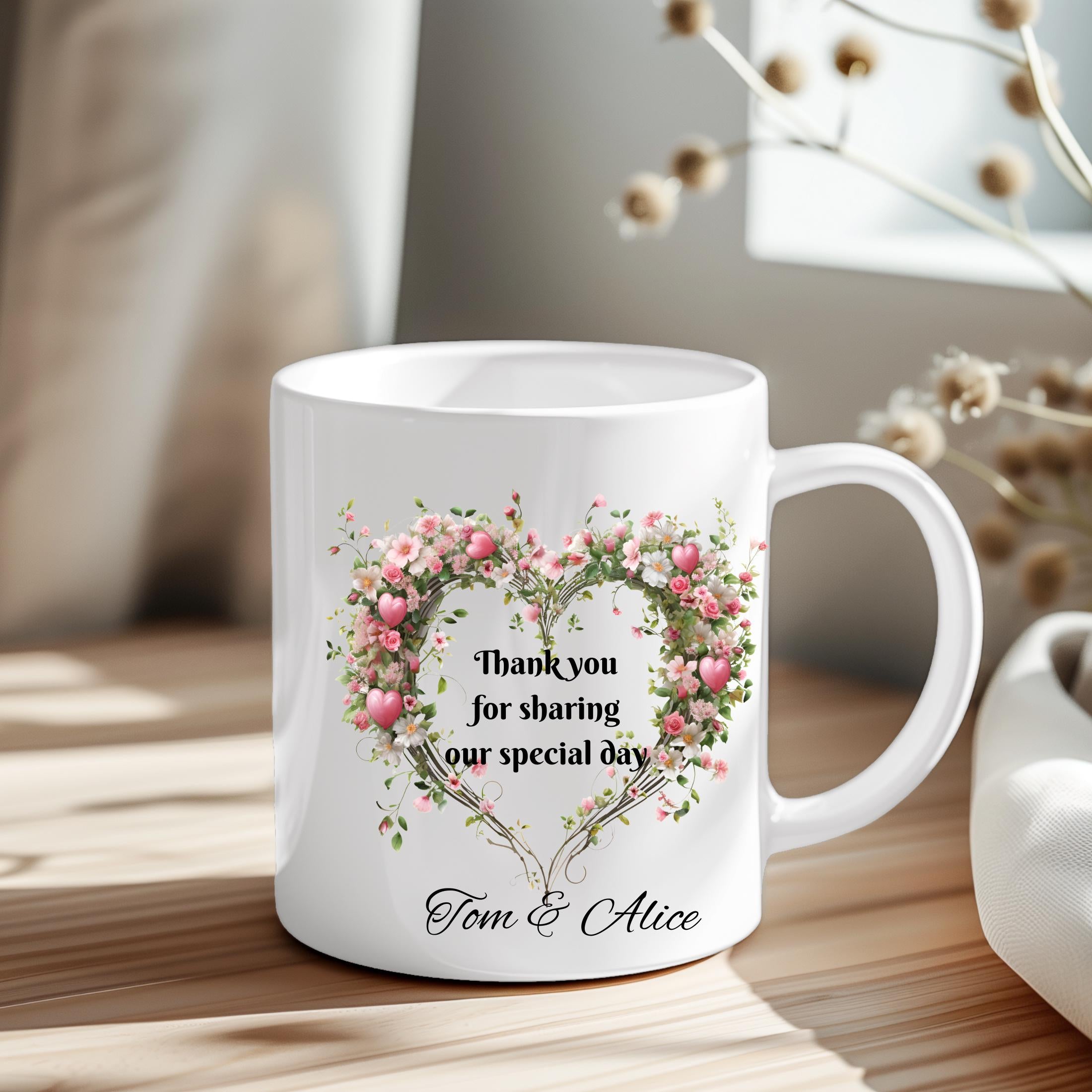 Personalized Wedding Favor Mug: Thank You Gift, Custom Names, 11oz Ceramic