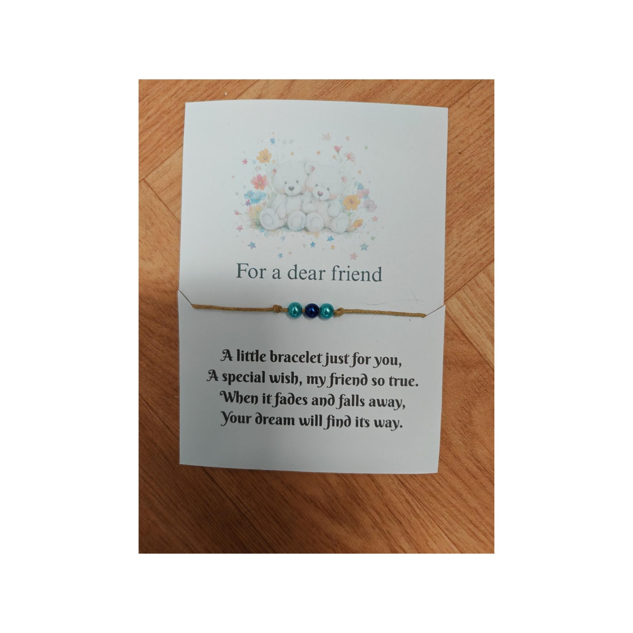 Friend Wish Bracelet, Friendship, Natural Wooden Beads, Brown Cord, Friendship Gift, Party Favour, Handmade. Recycled Card