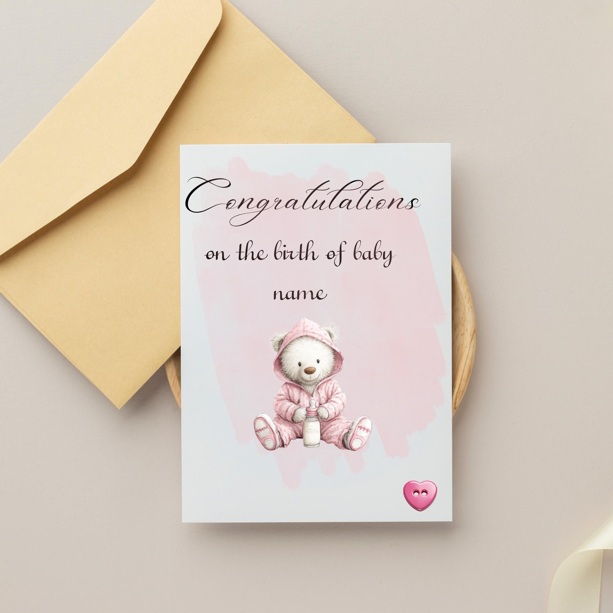 Personalised Handmade Baby Girl Card – A6 Recycled Hammered Card with Watercolour Art & Button Accent
