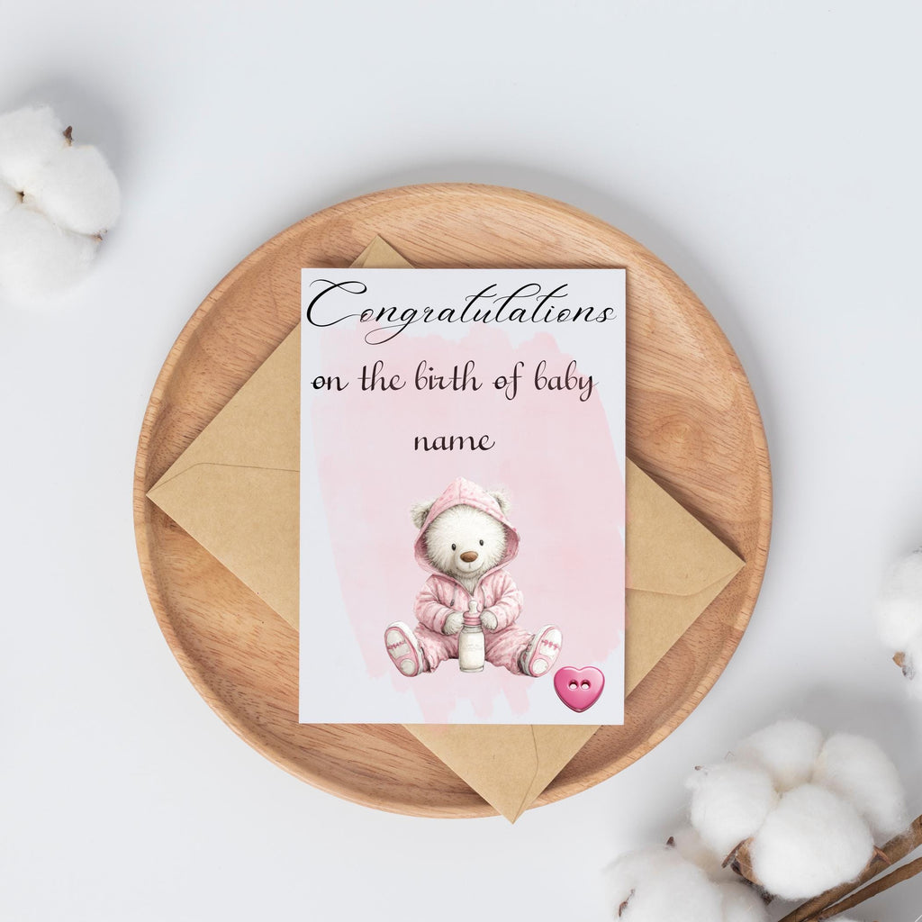 Personalised Handmade Baby Girl Card – A6 Recycled Hammered Card with Watercolour Art & Button Accent