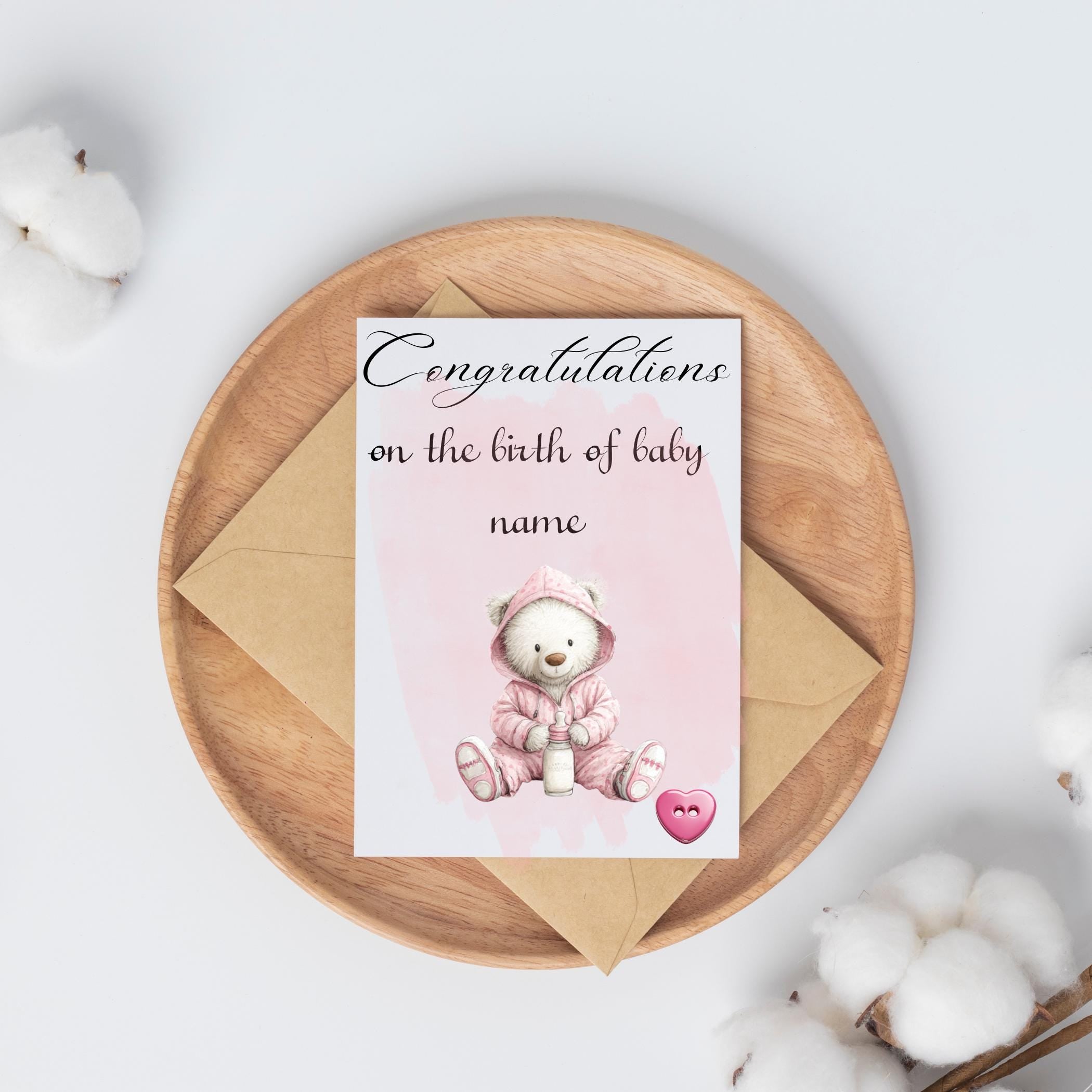 Personalised Handmade Baby Girl Card – A6 Recycled Hammered Card with Watercolour Art & Button Accent