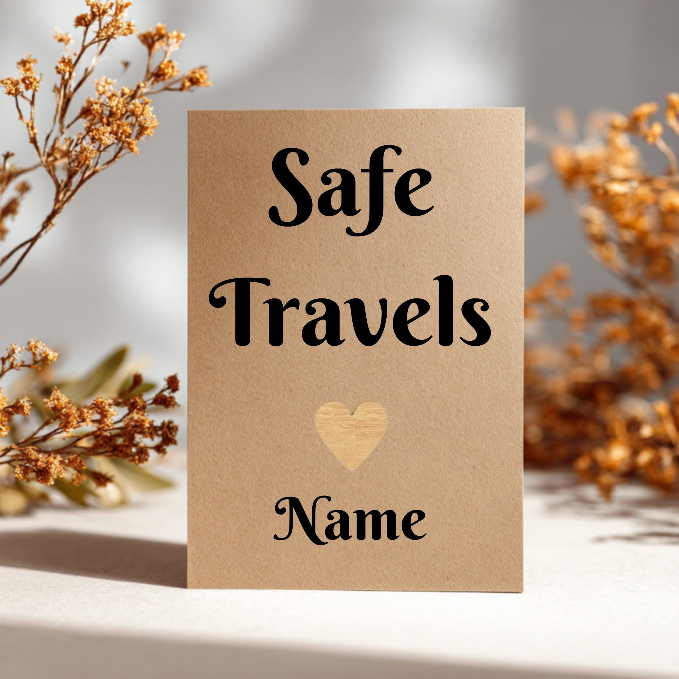 Personalised Handmade Safe Travels Card – A6 Recycled Card with Wooden Heart Accent