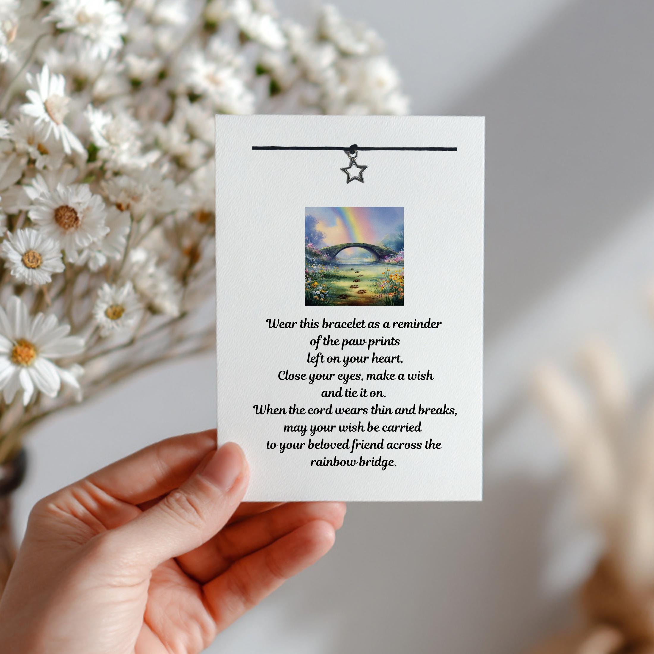 Pet Loss With Sympathy Wish Bracelet,  Silver Charm, Black  Cord, Handmade. Recycled Card. Loss Of Dog, Cat, Pet