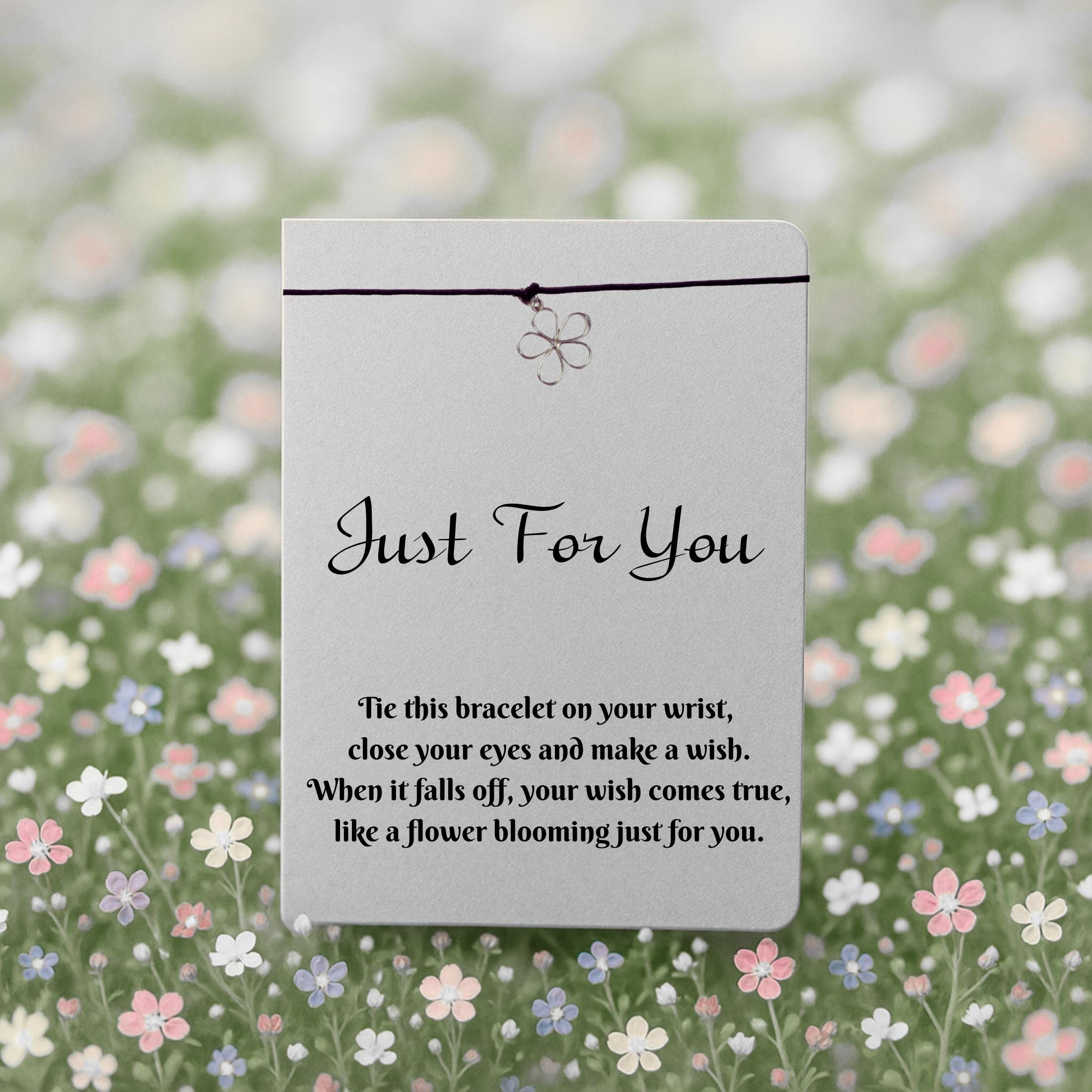 Wish Bracelet with Silver Flower Charm – 16 Colours – Eco-Friendly Greeting Card