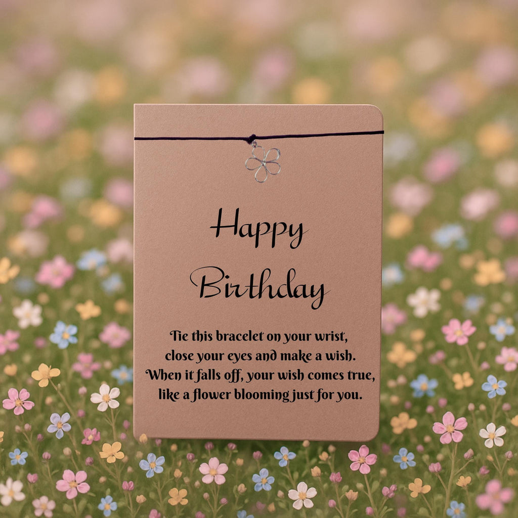 Happy Birthday Wish Bracelet with Silver Flower Charm – 16 Colours – Eco-Friendly Greeting Card