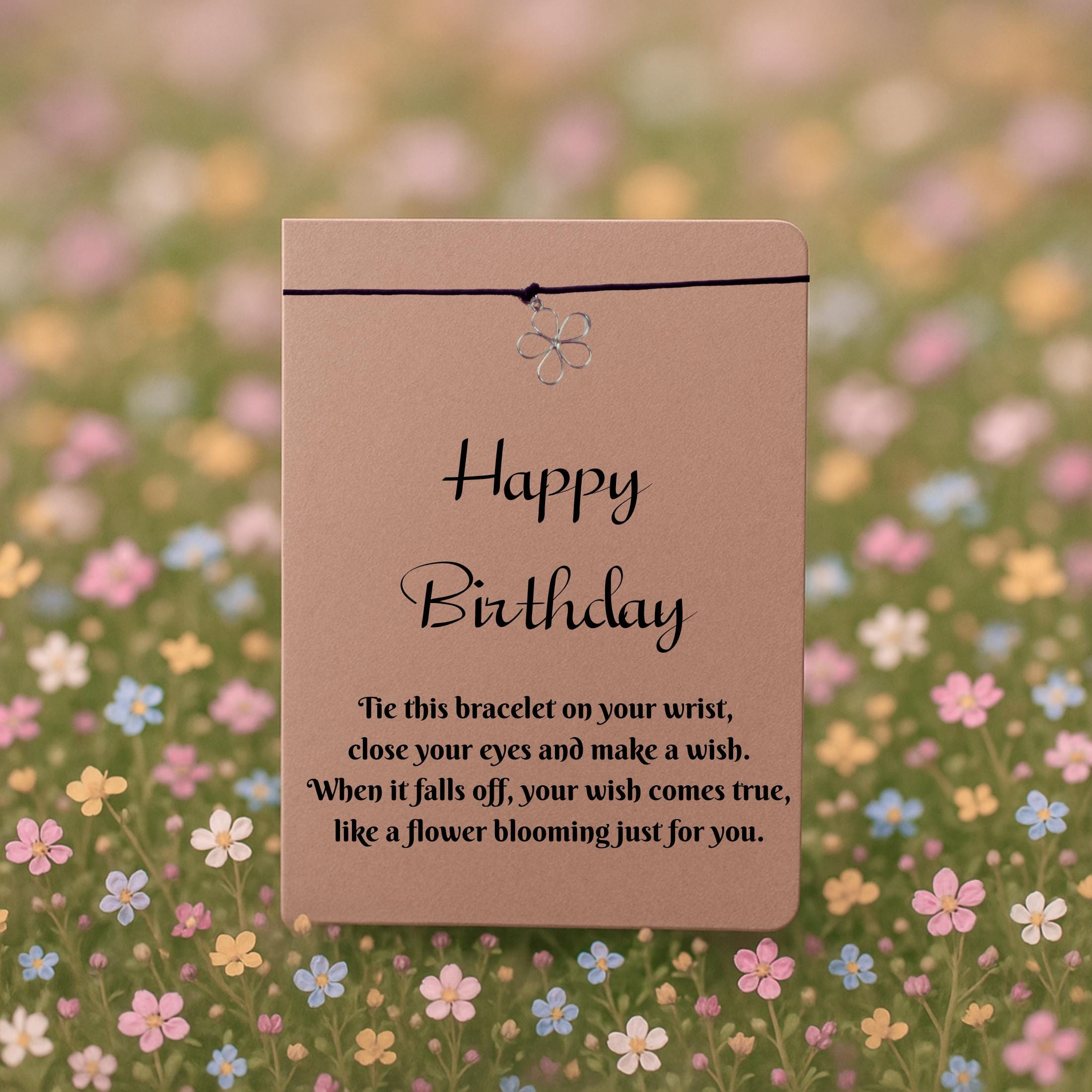 Happy Birthday Wish Bracelet with Silver Flower Charm – 16 Colours – Eco-Friendly Greeting Card