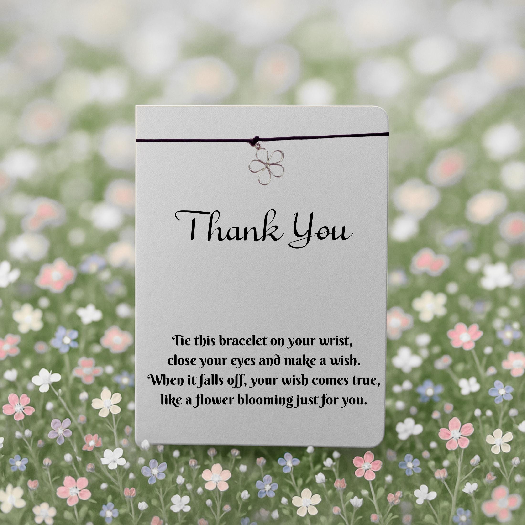 Thank You Wish Bracelet with Silver Flower Charm – 16 Colours – Eco-Friendly Greeting Card
