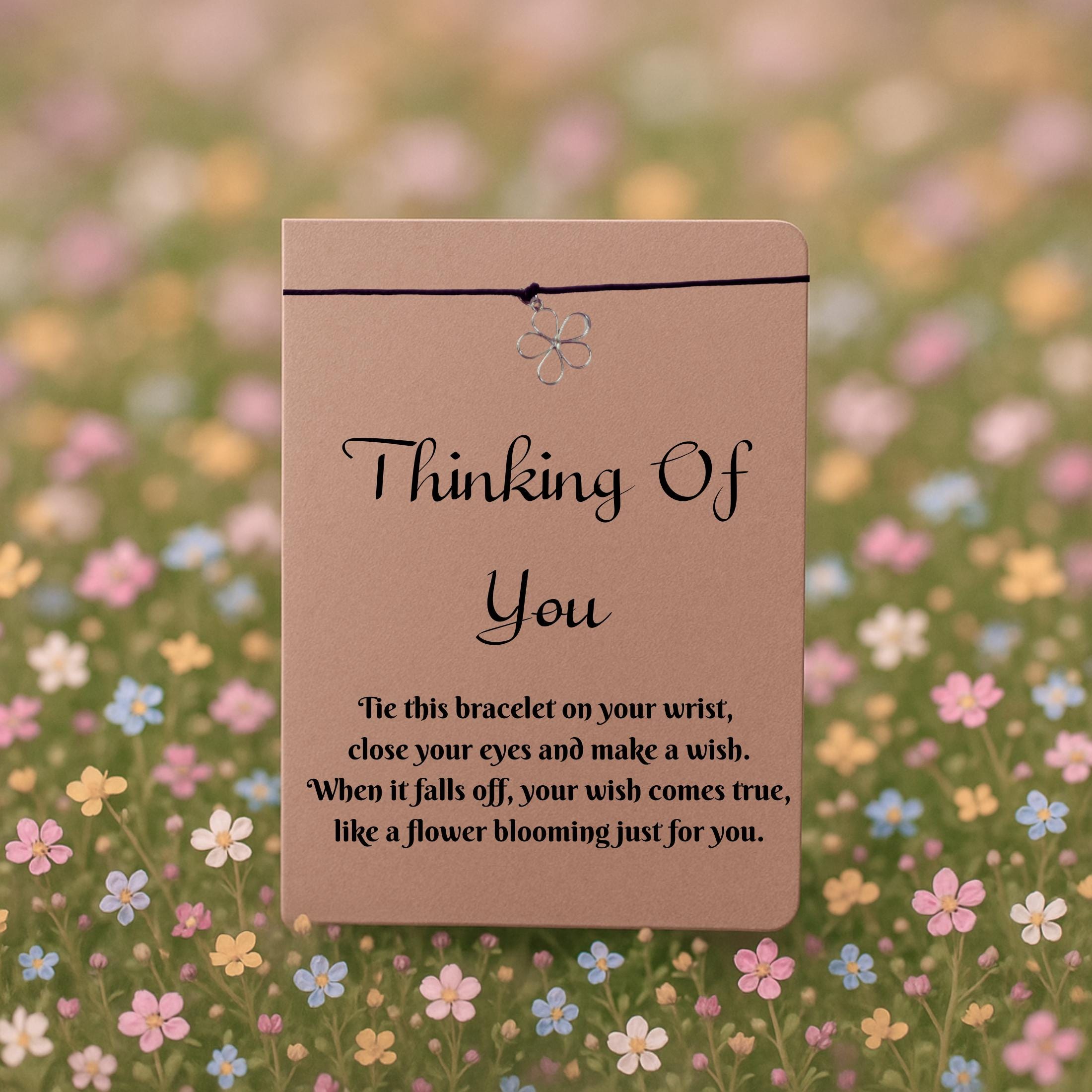 Thinking Of You Wish Bracelet with Silver Flower Charm – 16 Colours – Eco-Friendly Greeting Card