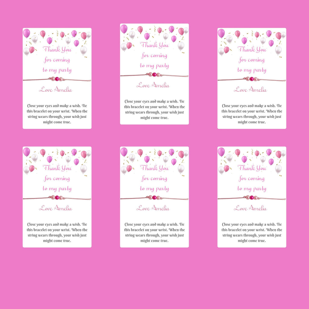 Personalised Wish Bracelet – Pink Cord with 3 Pink Beads | Birthday Party Favour | Thank You Gift | Custom Name Bracelet on A7 Card