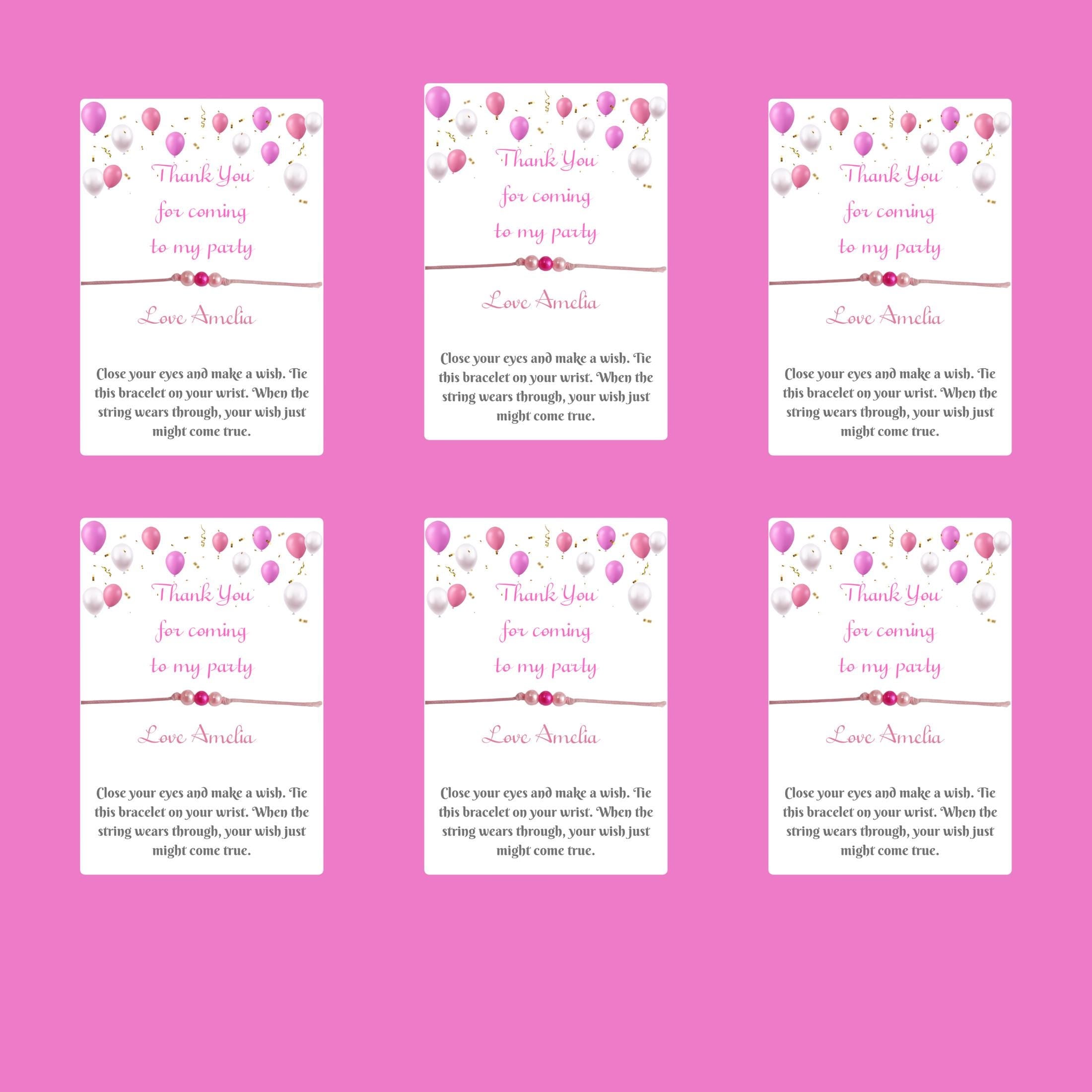 Personalised Wish Bracelet – Pink Cord with 3 Pink Beads | Birthday Party Favour | Thank You Gift | Custom Name Bracelet on A7 Card