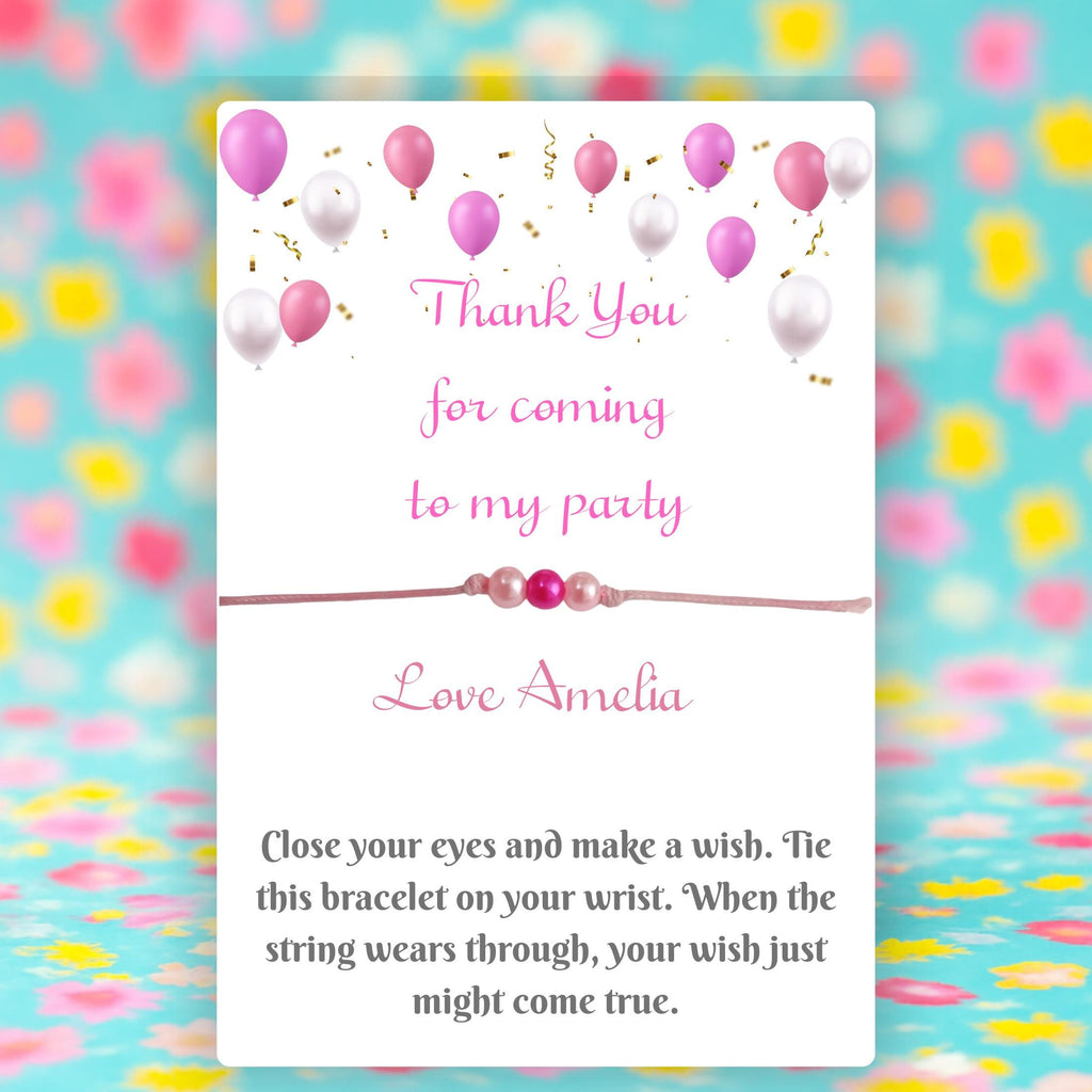 Personalised Wish Bracelet – Pink Cord with 3 Pink Beads | Birthday Party Favour | Thank You Gift | Custom Name Bracelet on A7 Card