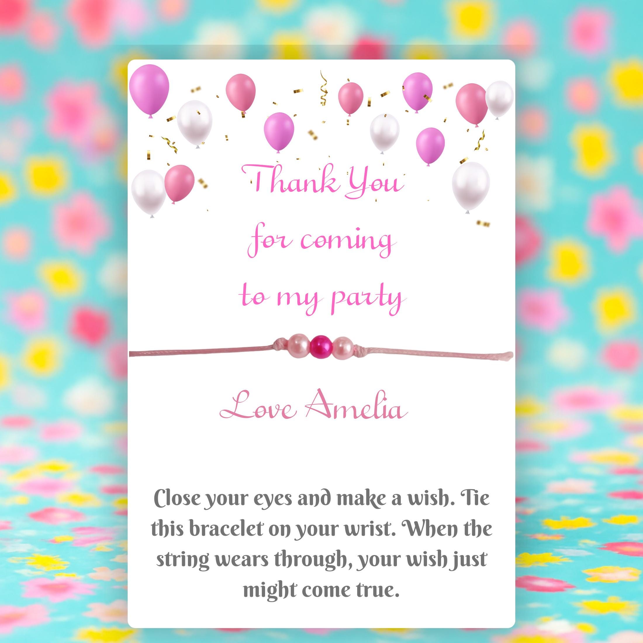 Personalised Wish Bracelet – Pink Cord with 3 Pink Beads | Birthday Party Favour | Thank You Gift | Custom Name Bracelet on A7 Card