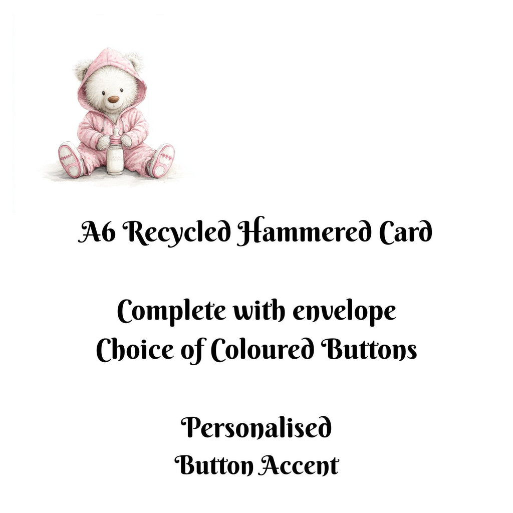 Personalised Handmade Baby Girl Card – A6 Recycled Hammered Card with Watercolour Art & Button Accent