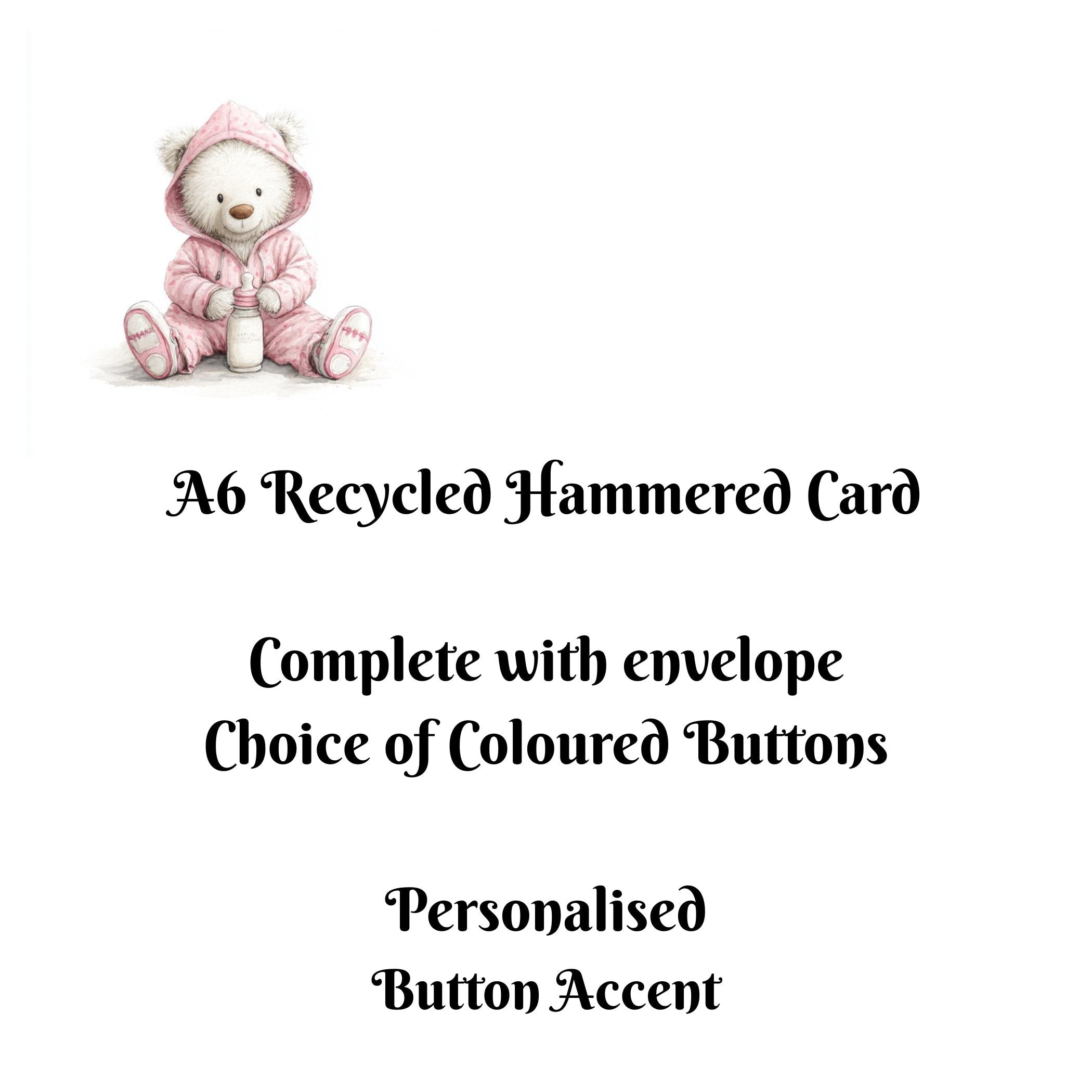 Personalised Handmade Baby Girl Card – A6 Recycled Hammered Card with Watercolour Art & Button Accent