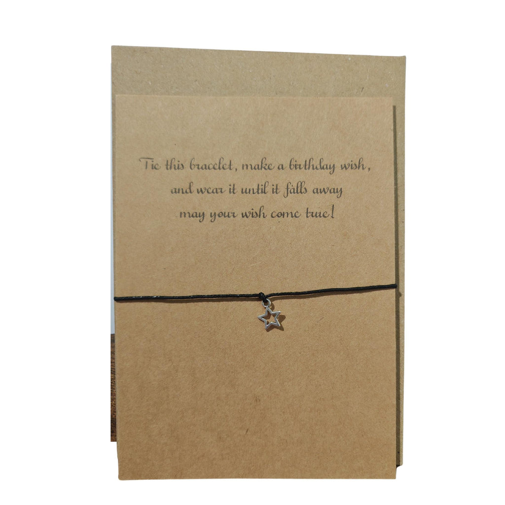 Birthday Friend Wish Bracelet,  Silver Charm, Black Cord  Friendship Gift, Party Favour, Handmade. Recycled Card