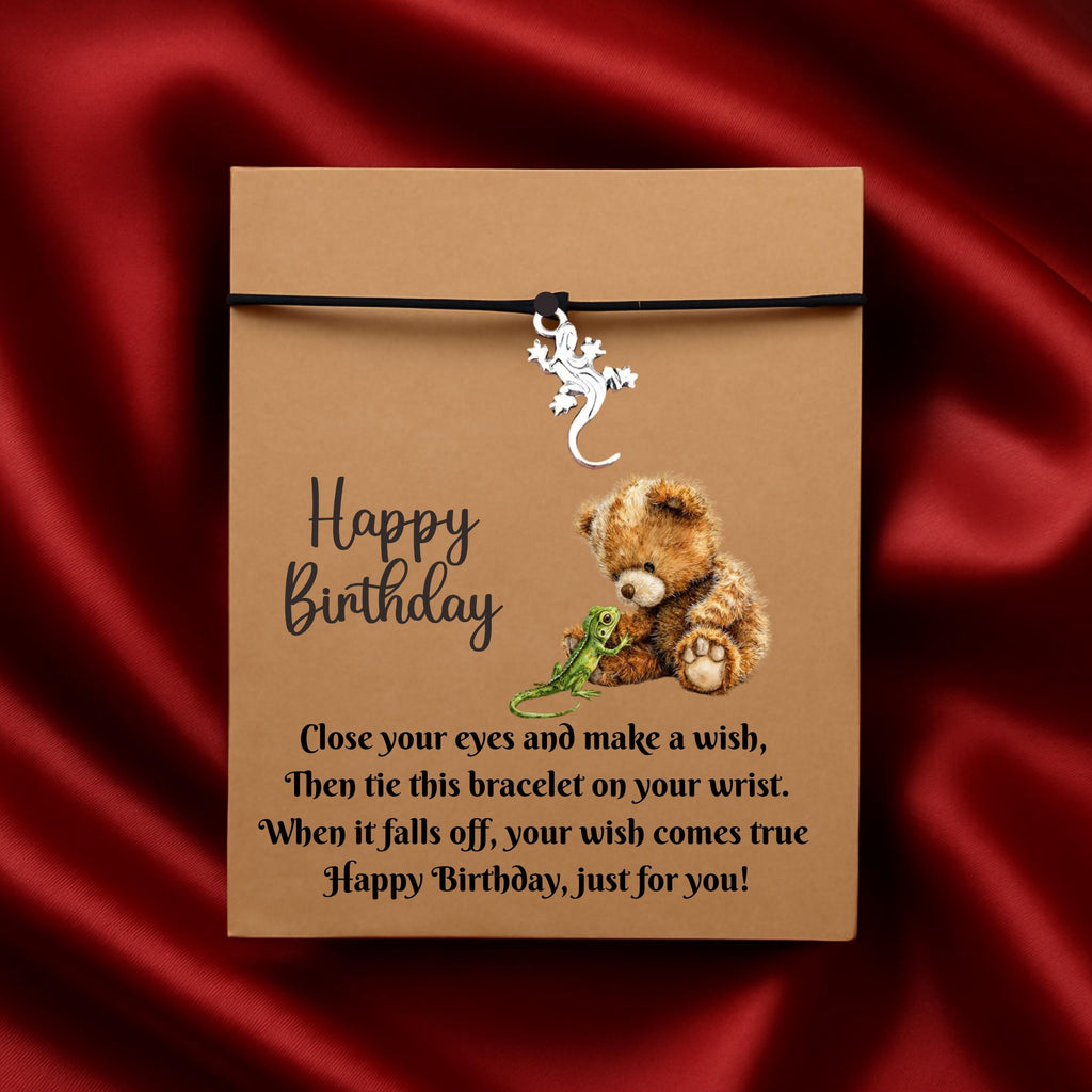 Birthday Card With Gecko Charm Wish Bracelet. Wishes, Seasons, Envelope included. Friend Gift Family Gift, Lizard