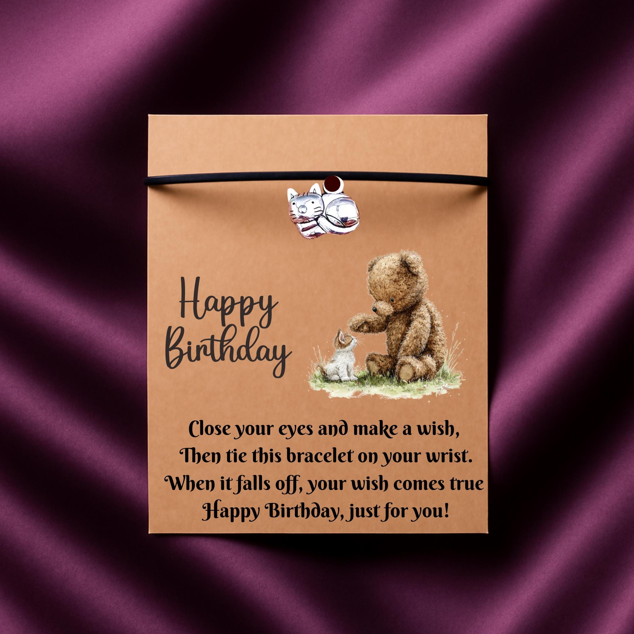 Birthday Card With Cat Kitten Charm Wish Bracelet. Wishes, Seasons, Envelope included. Friend Gift Family Gift,