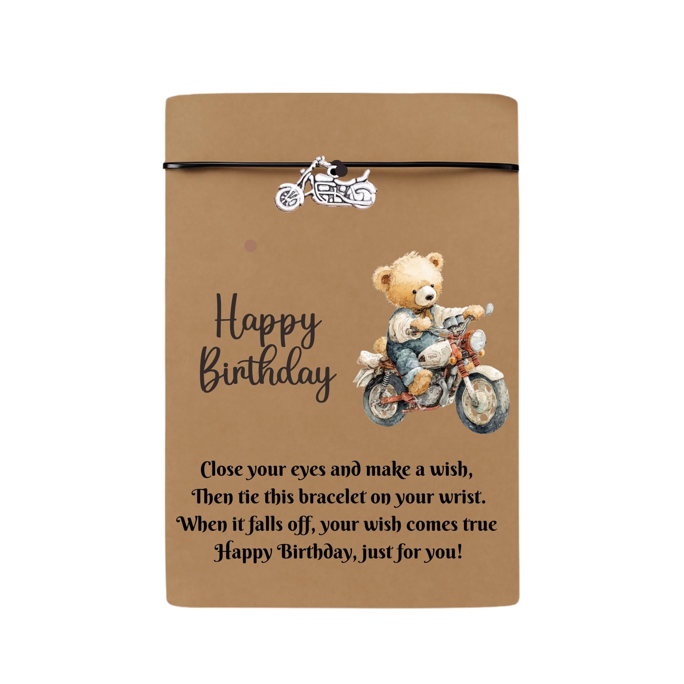Birthday Card With Motorbike Charm Wish Bracelet. Wishes, Seasons, Envelope included. Friend Gift Family Gift,
