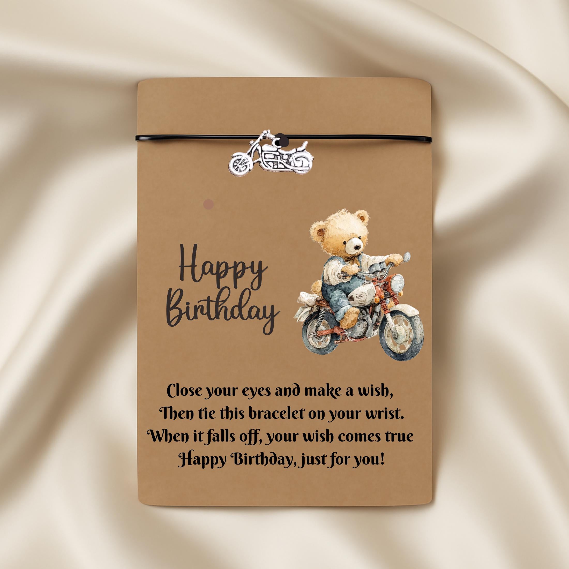 Birthday Card With Motorbike Charm Wish Bracelet. Wishes, Seasons, Envelope included. Friend Gift Family Gift,