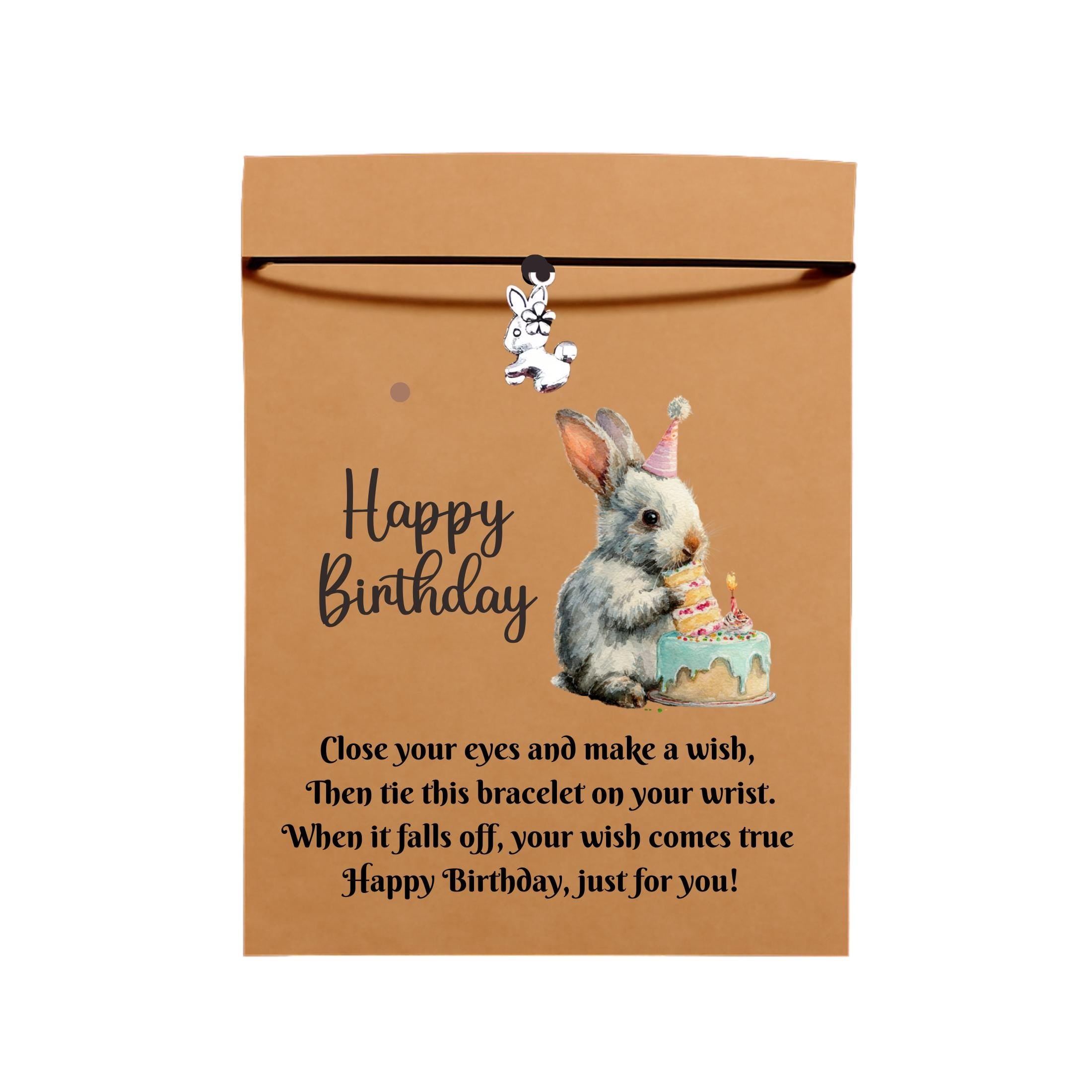 Birthday Card With Rabbit Bunny Charm Wish Bracelet. Wishes, Seasons, Envelope included. Friend Gift Family Gift,