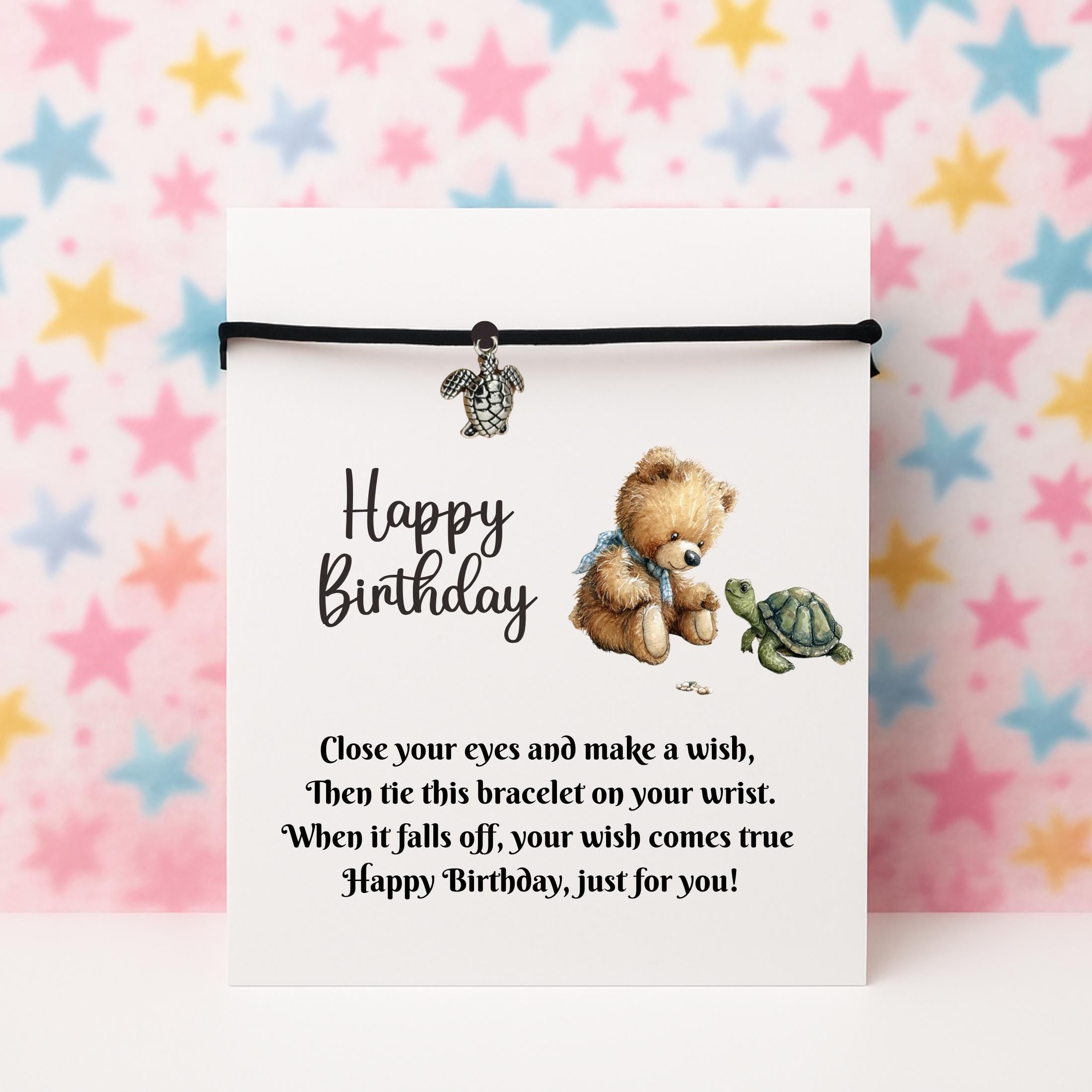 Birthday Card With Silver Turtle Charm Wish Bracelet. Wishes, Seasons, Envelope included. Friend Gift Family Gift,