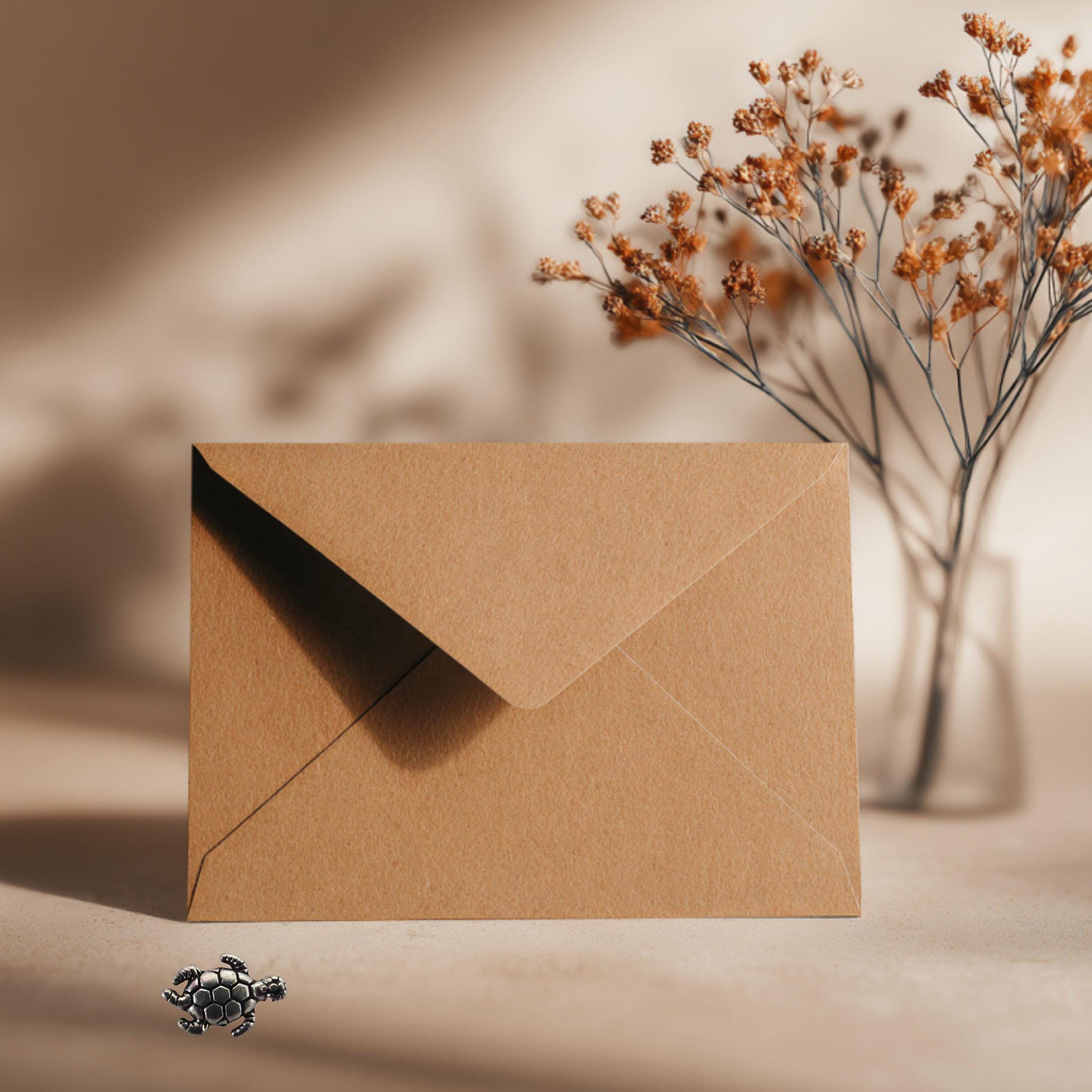 Birthday Card With Turtle Embellishment. Recycled Brown Card With Envelope, A card With A Difference