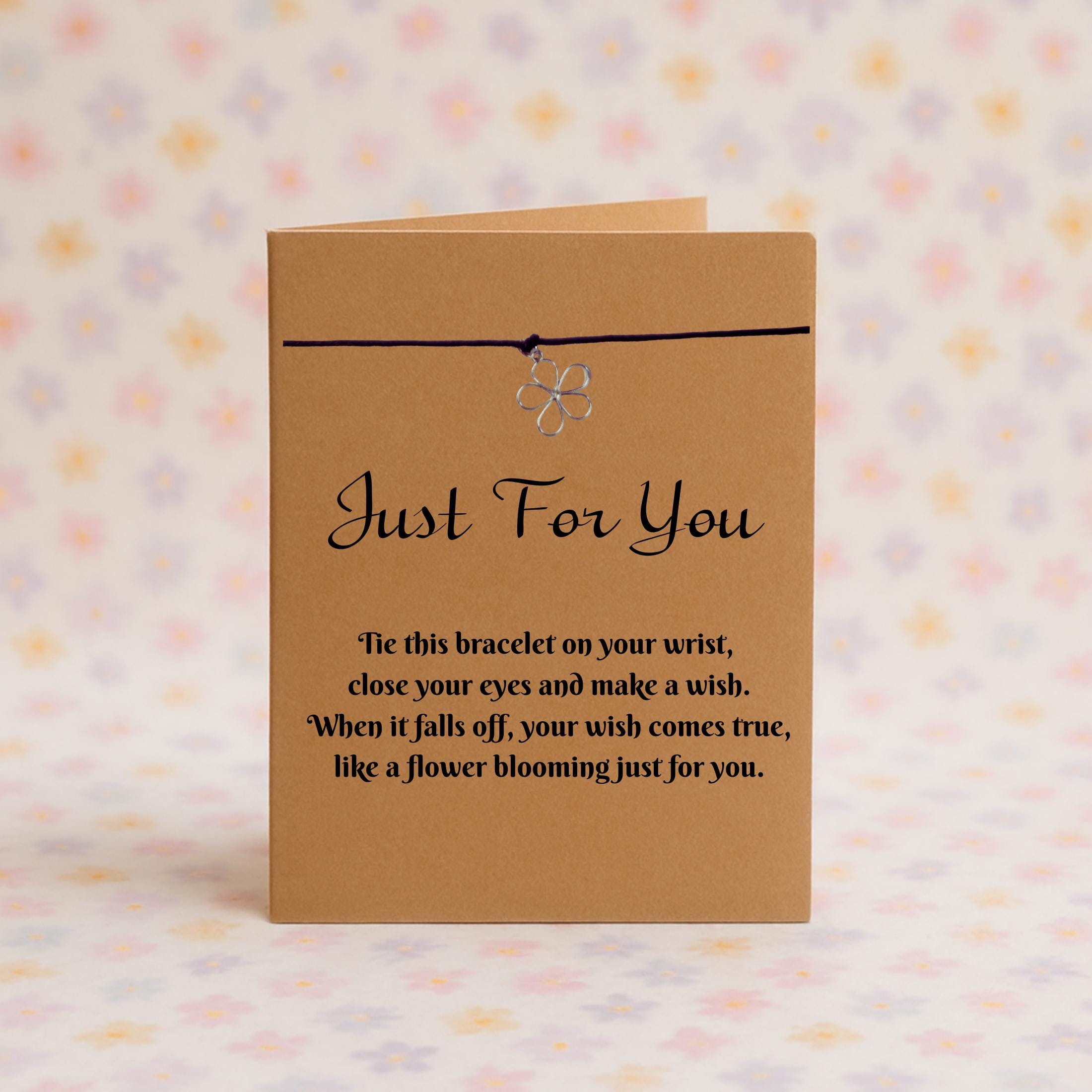 Wish Bracelet with Silver Flower Charm – 16 Colours – Eco-Friendly Greeting Card