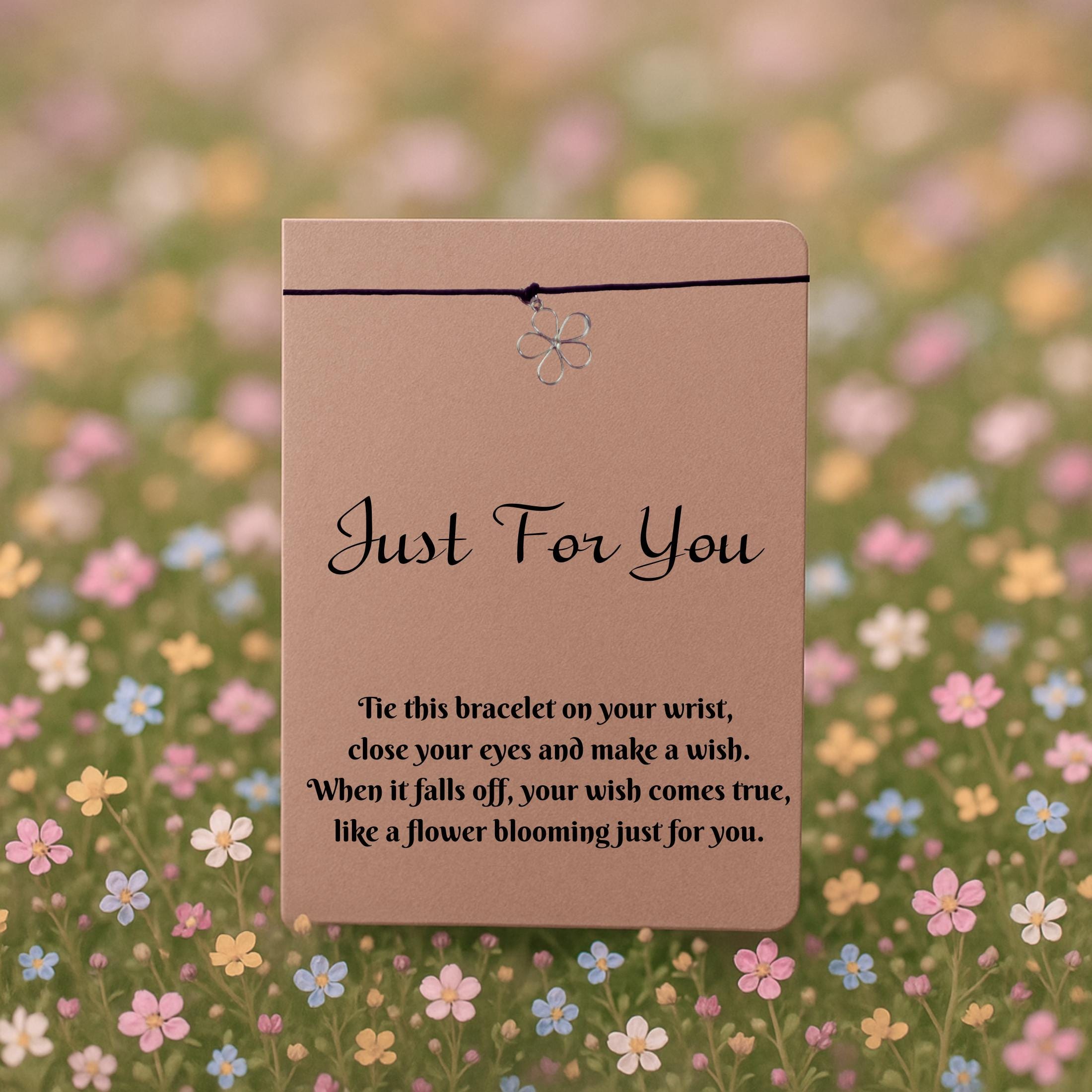 Wish Bracelet with Silver Flower Charm – 16 Colours – Eco-Friendly Greeting Card