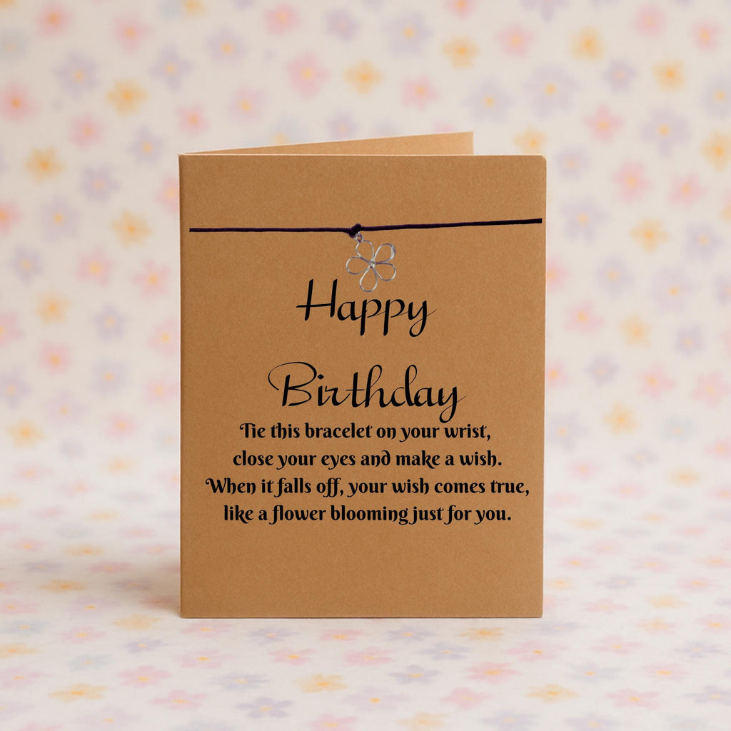 Happy Birthday Wish Bracelet with Silver Flower Charm – 16 Colours – Eco-Friendly Greeting Card