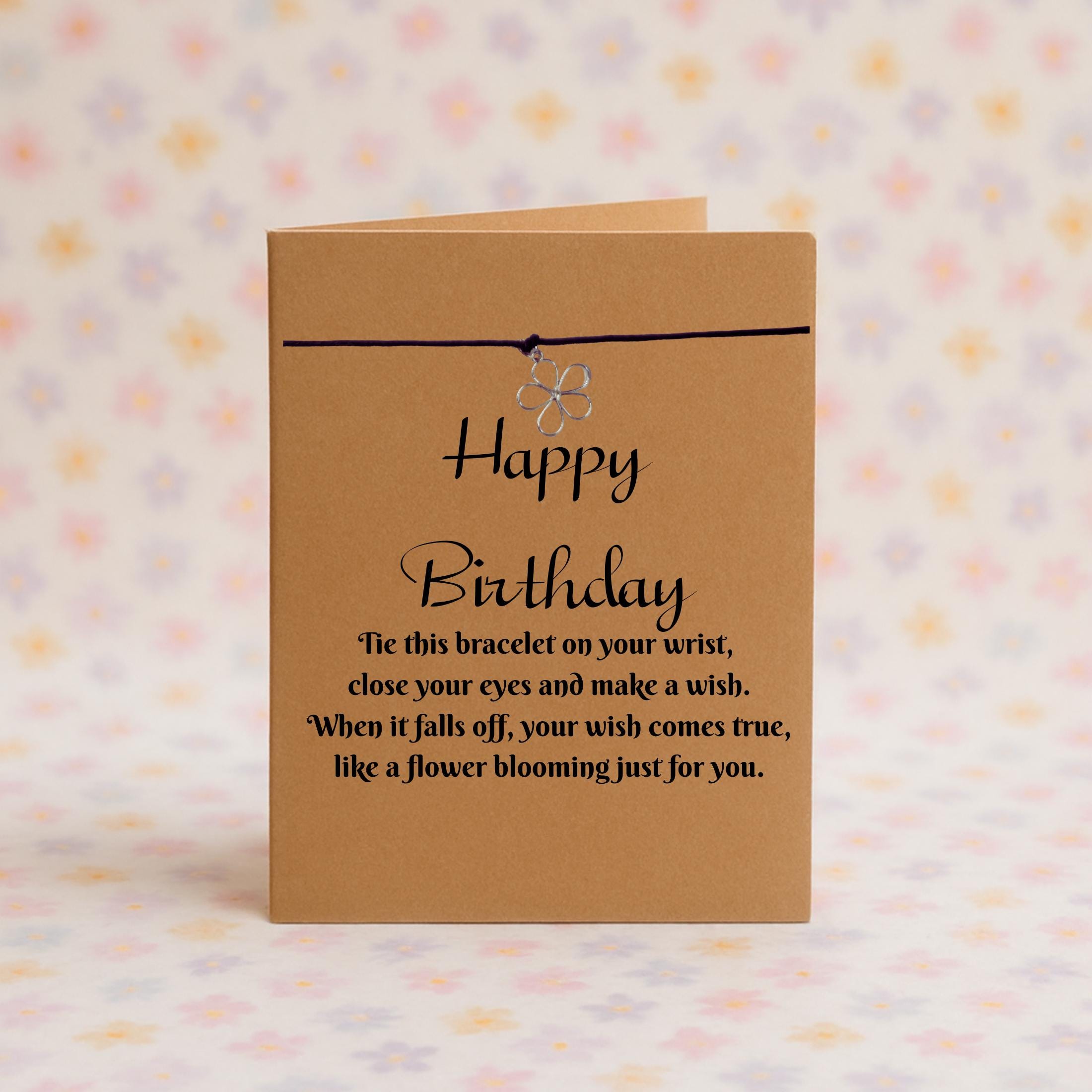 Happy Birthday Wish Bracelet with Silver Flower Charm – 16 Colours – Eco-Friendly Greeting Card