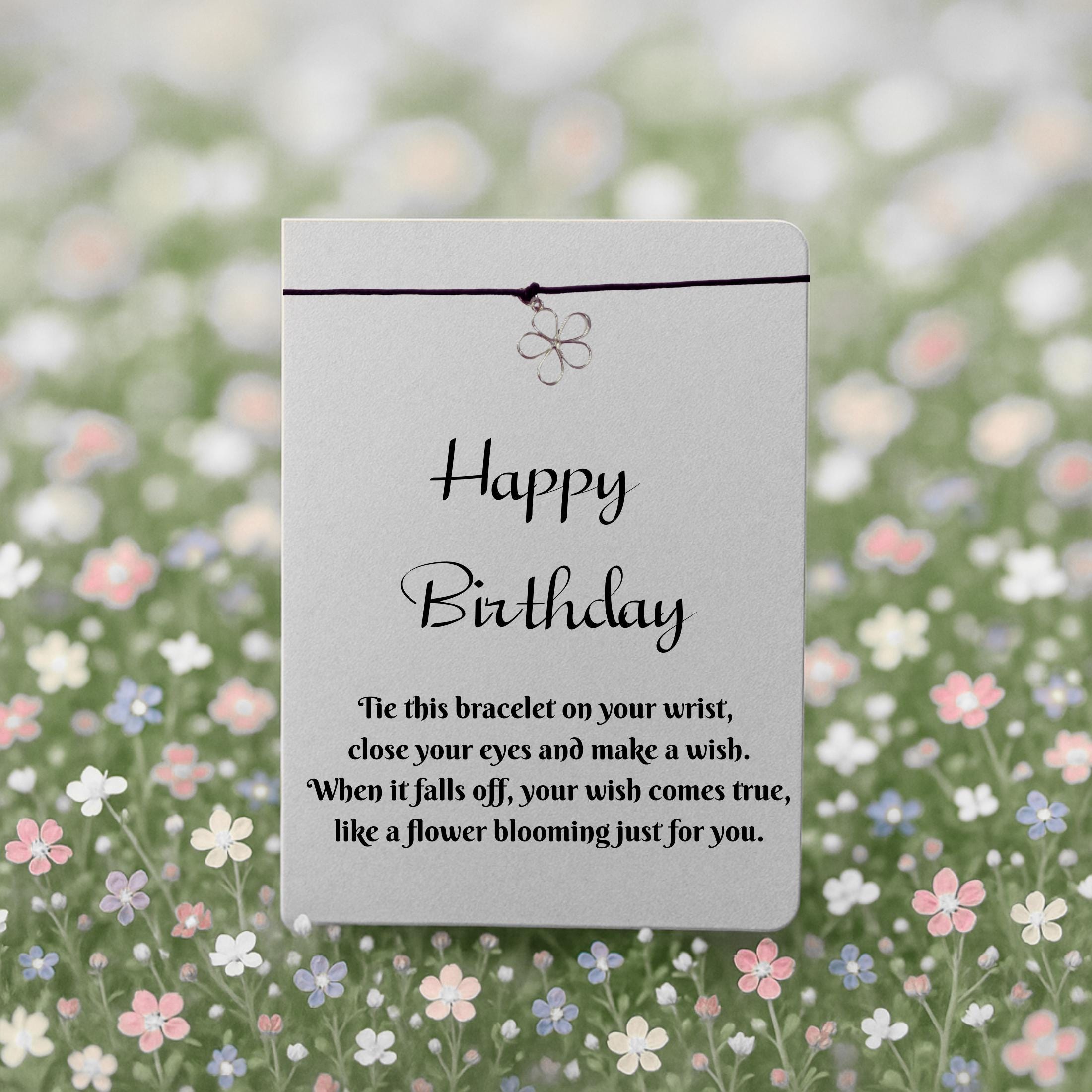 Happy Birthday Wish Bracelet with Silver Flower Charm – 16 Colours – Eco-Friendly Greeting Card