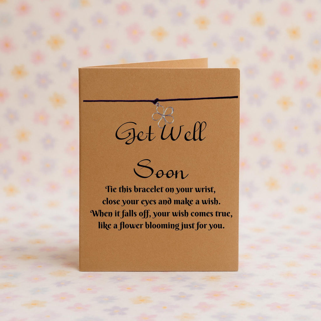 Get Well Soon Wish Bracelet with Silver Flower Charm – 16 Colours – Eco-Friendly Greeting Card