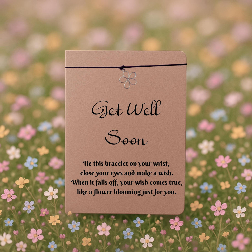 Get Well Soon Wish Bracelet with Silver Flower Charm – 16 Colours – Eco-Friendly Greeting Card
