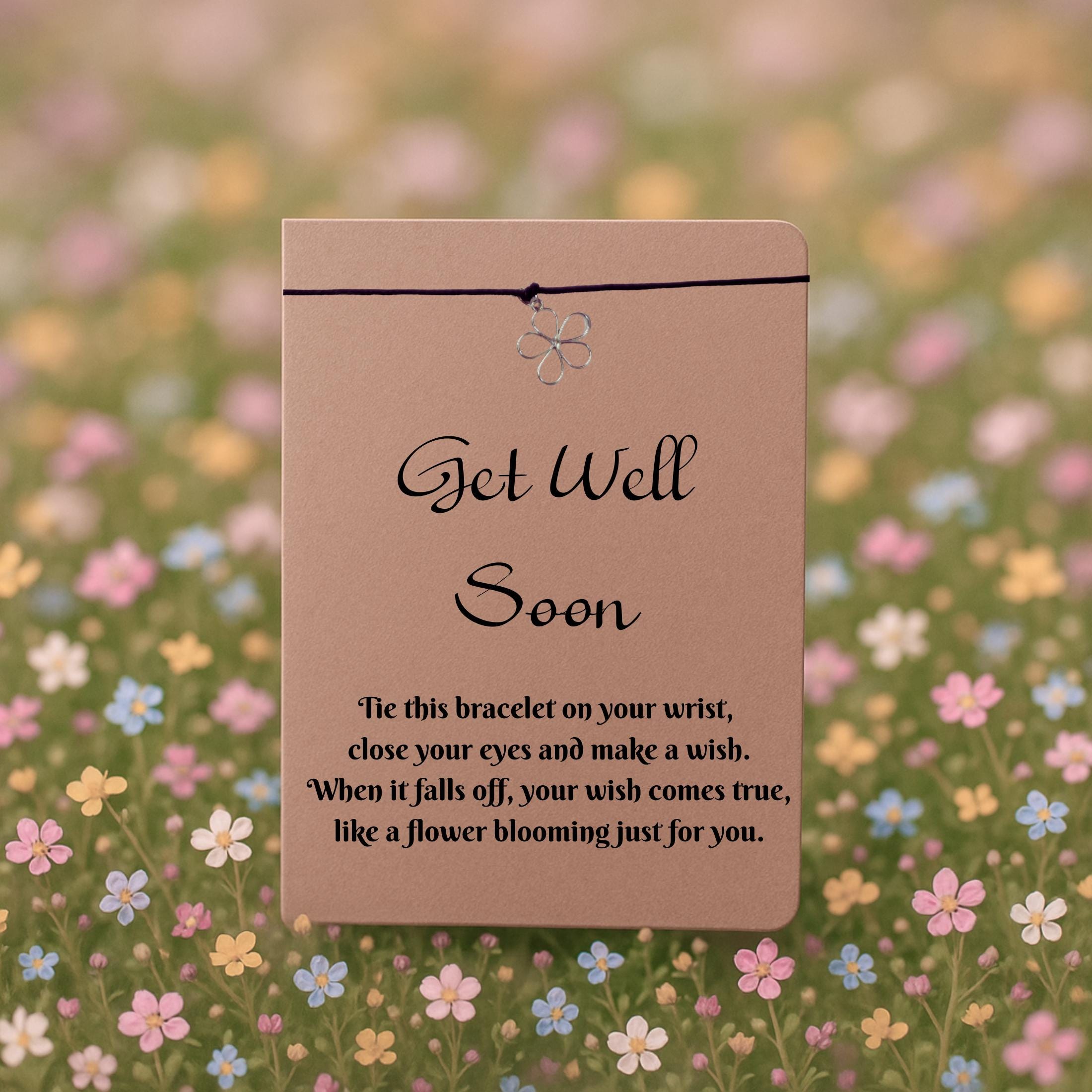 Get Well Soon Wish Bracelet with Silver Flower Charm – 16 Colours – Eco-Friendly Greeting Card