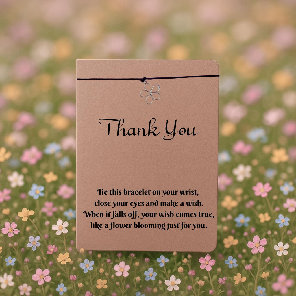 Thank You Wish Bracelet with Silver Flower Charm – 16 Colours – Eco-Friendly Greeting Card