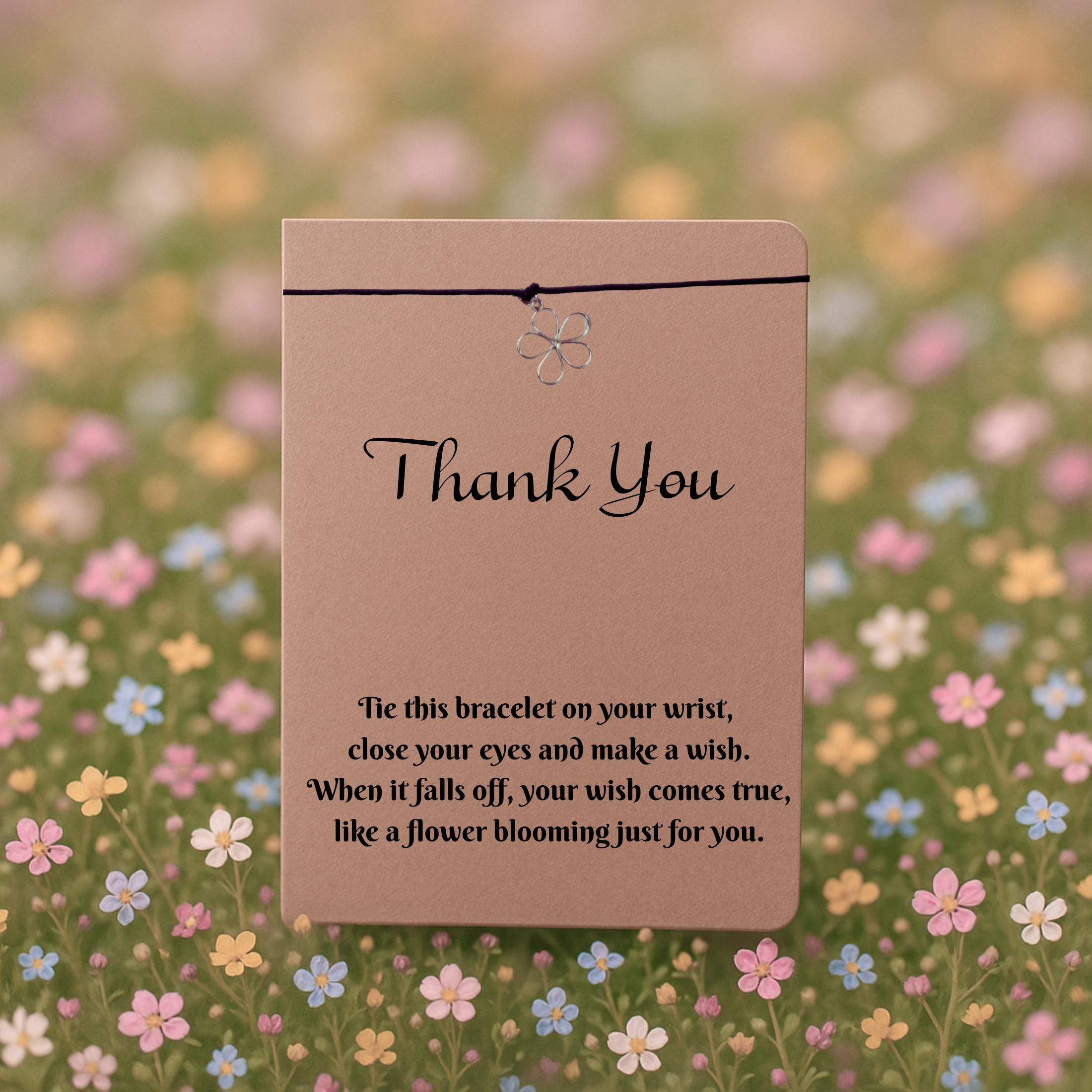 Thank You Wish Bracelet with Silver Flower Charm – 16 Colours – Eco-Friendly Greeting Card