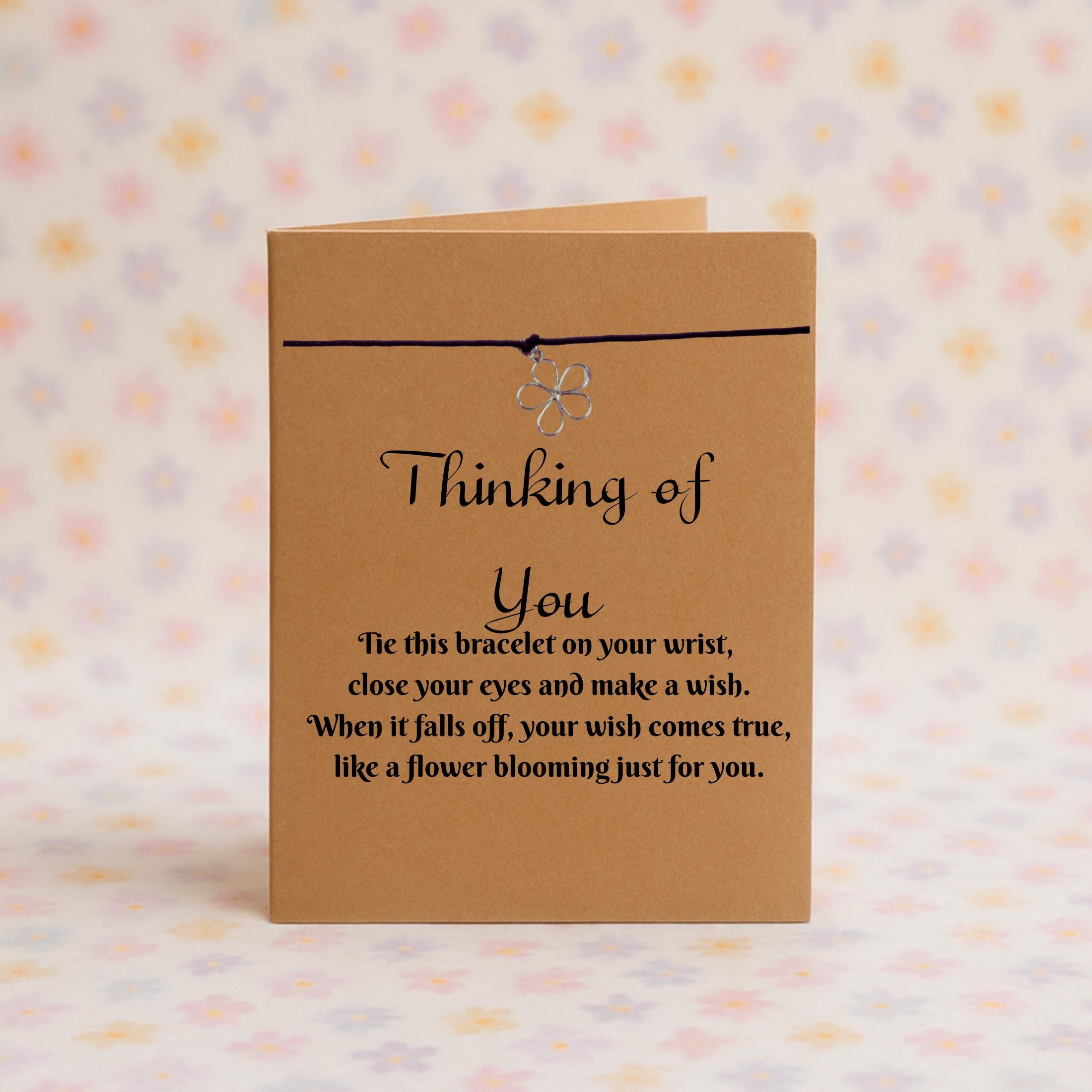 Thinking Of You Wish Bracelet with Silver Flower Charm – 16 Colours – Eco-Friendly Greeting Card