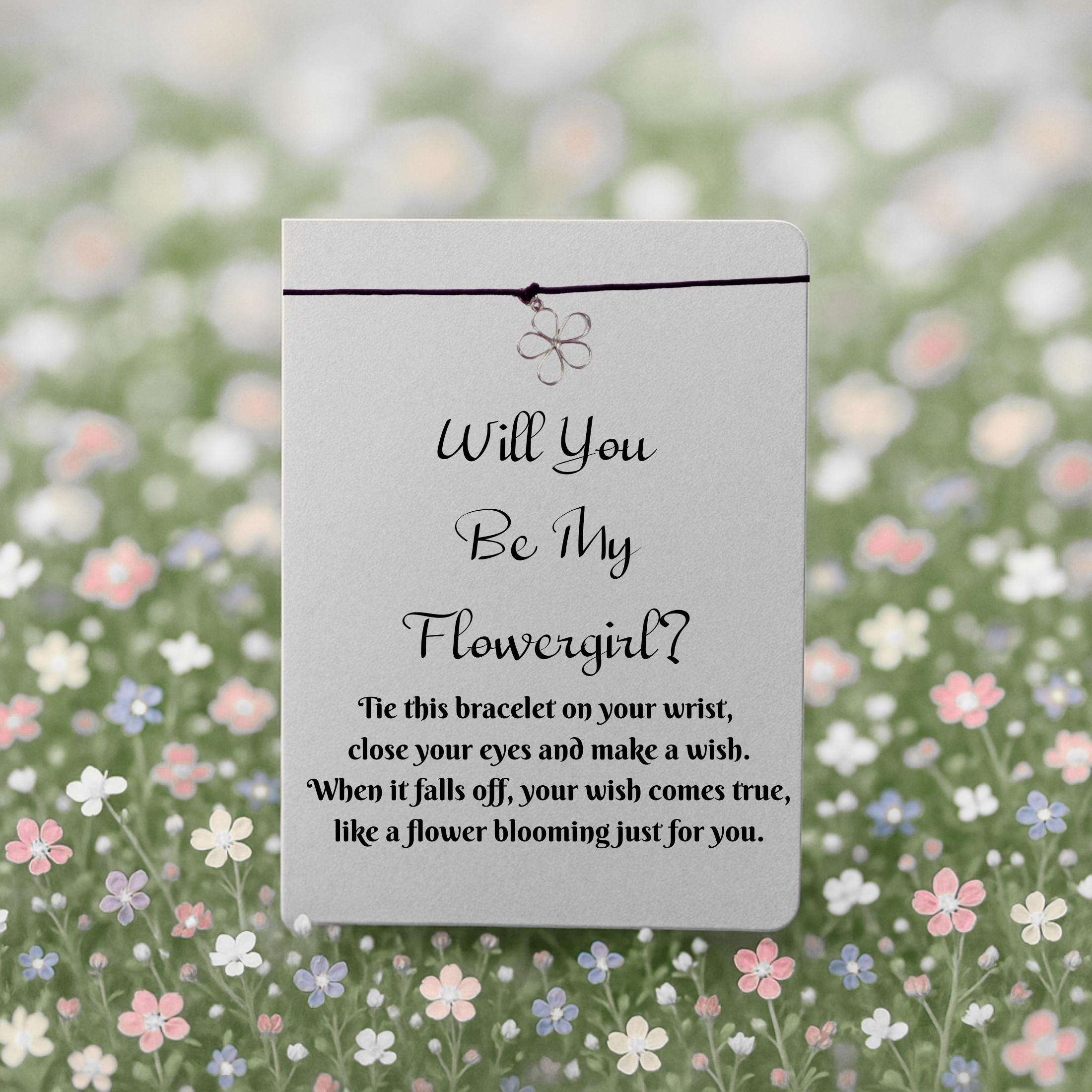 Will You Be My Flowergirl?  Wish Bracelet with Silver Flower Charm – 16 Colours – Eco-Friendly Greeting Card