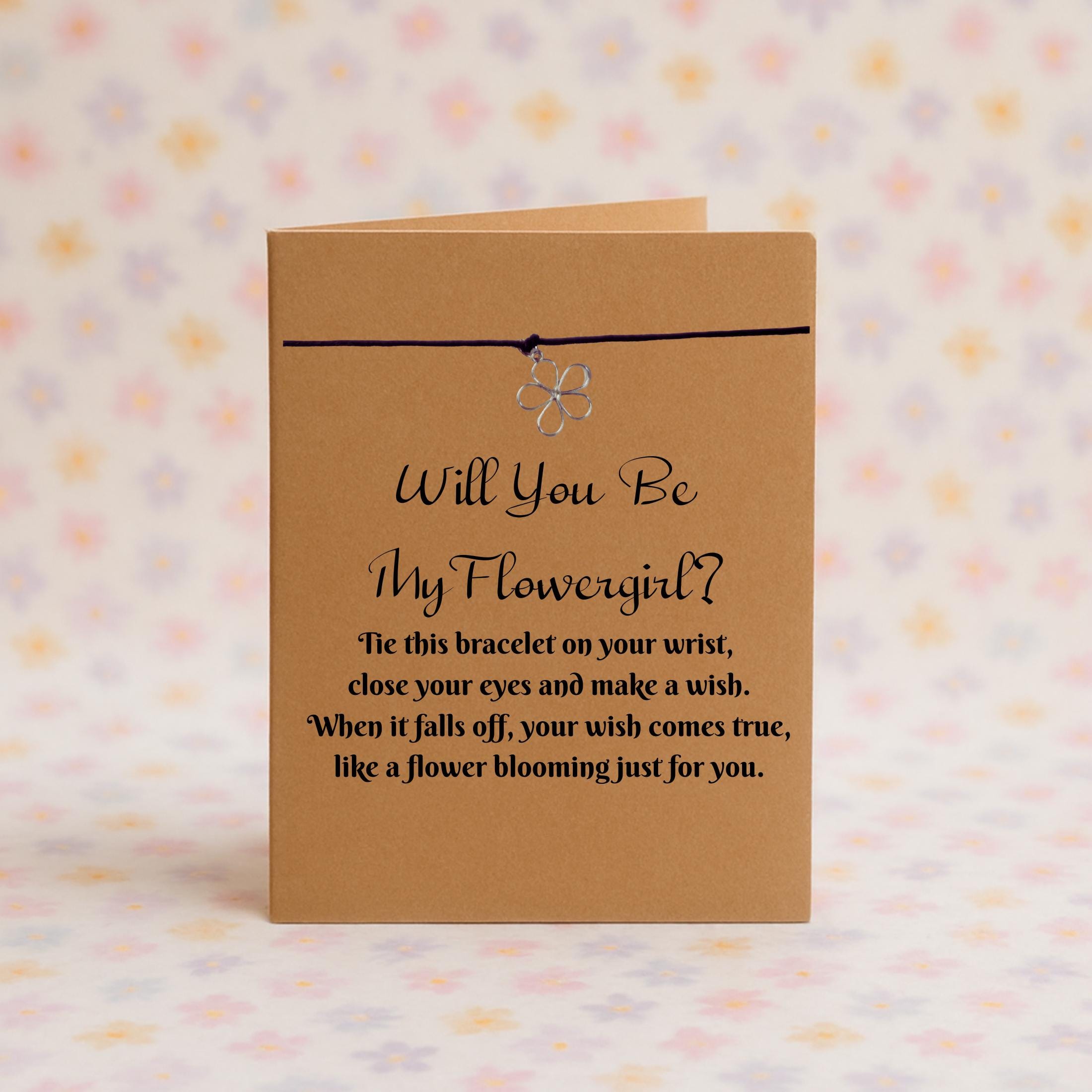 Will You Be My Flowergirl?  Wish Bracelet with Silver Flower Charm – 16 Colours – Eco-Friendly Greeting Card