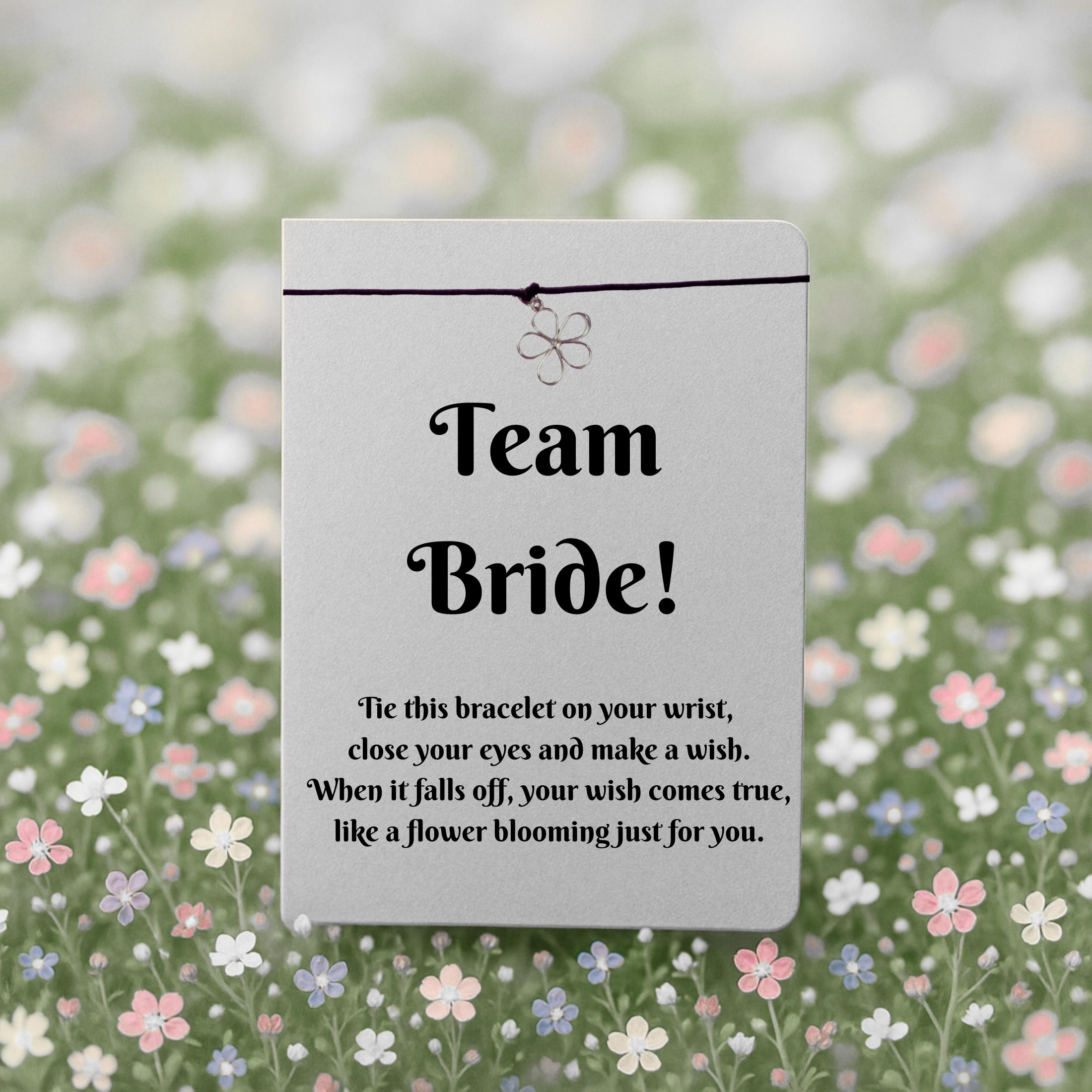 Team Bride  Wish Bracelet with Silver Flower Charm – 16 Colours – Bridal Shower, Hen Party