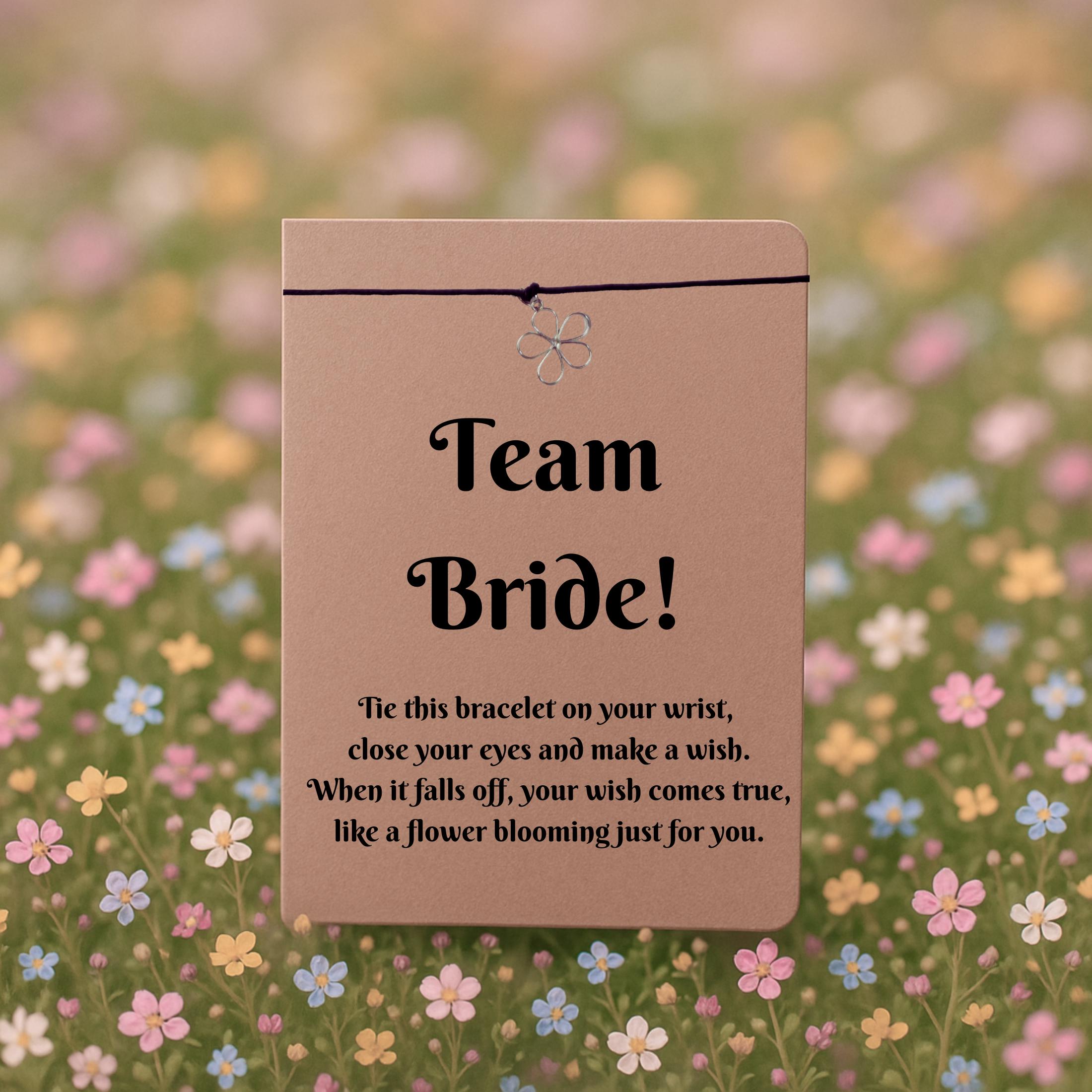 Team Bride  Wish Bracelet with Silver Flower Charm – 16 Colours – Bridal Shower, Hen Party