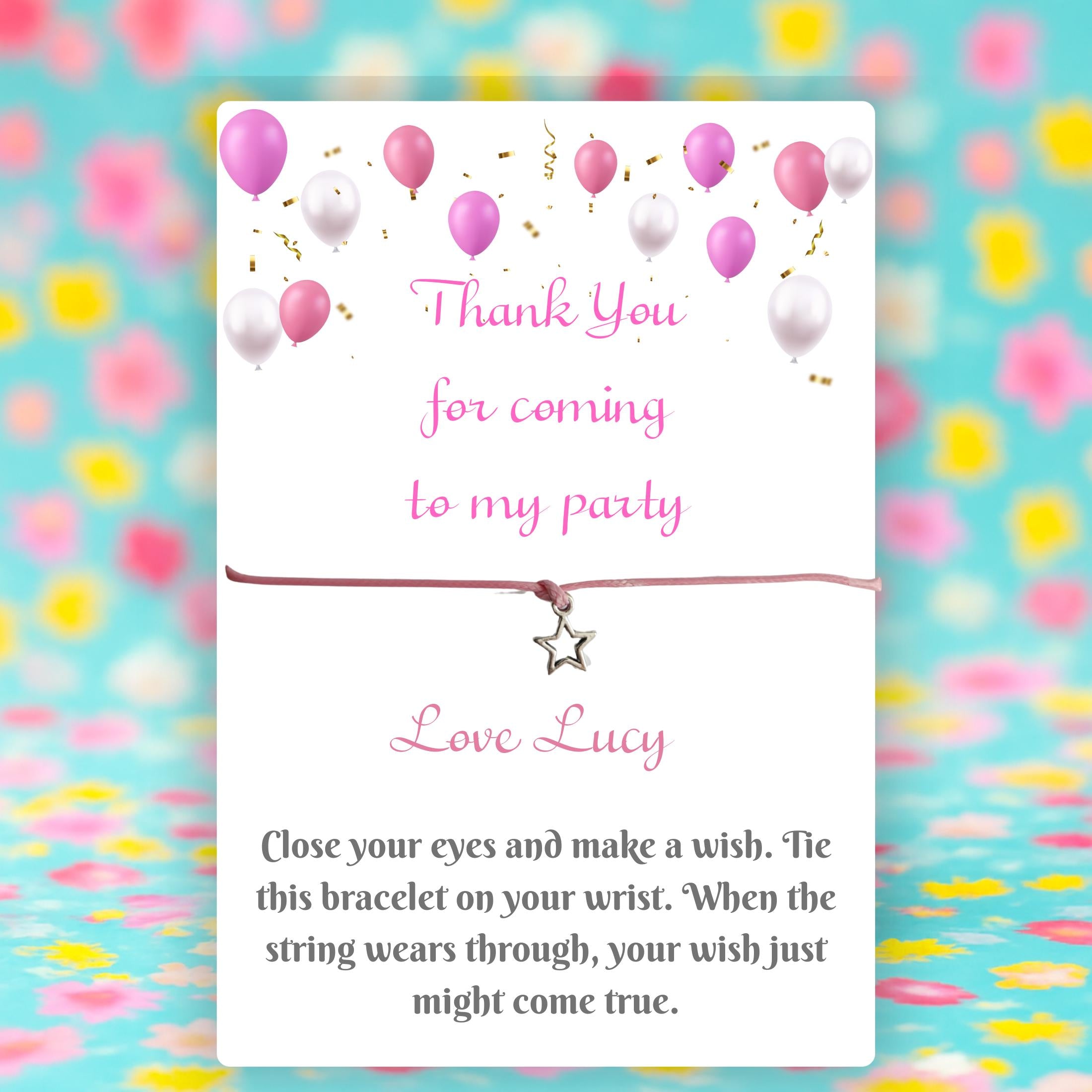 Personalised Wish Bracelet – Pink Cord with silver Star Charm | Birthday Party Favour | Thank You Gift | Custom Name Bracelet on A7 Card