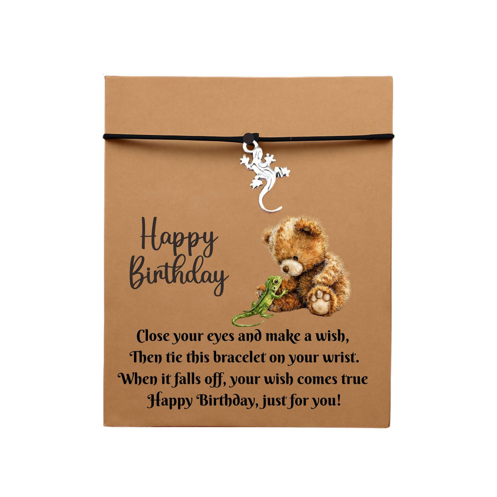 Birthday Card With Gecko Charm Wish Bracelet. Wishes, Seasons, Envelope included. Friend Gift Family Gift, Lizard