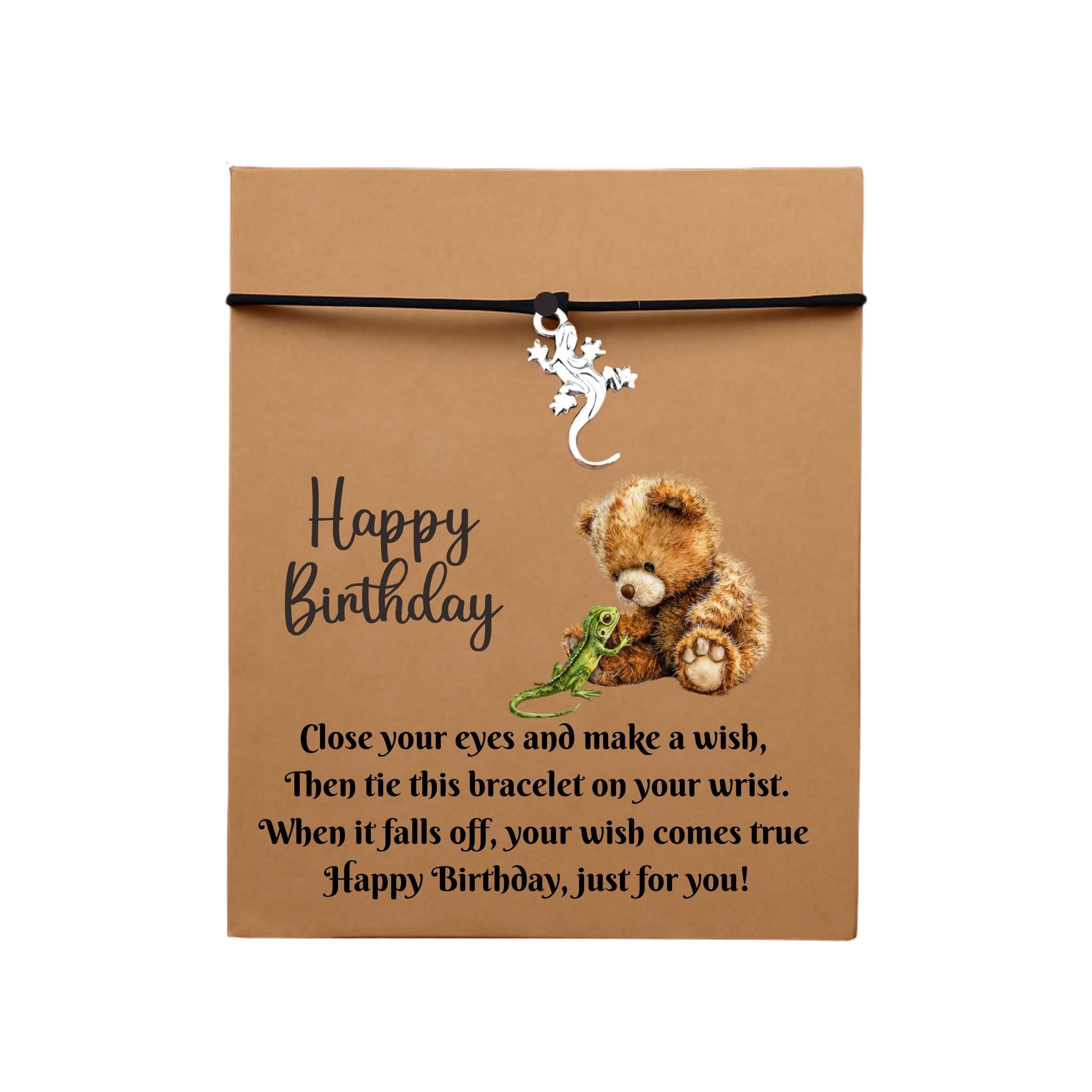 Birthday Card With Gecko Charm Wish Bracelet. Wishes, Seasons, Envelope included. Friend Gift Family Gift, Lizard