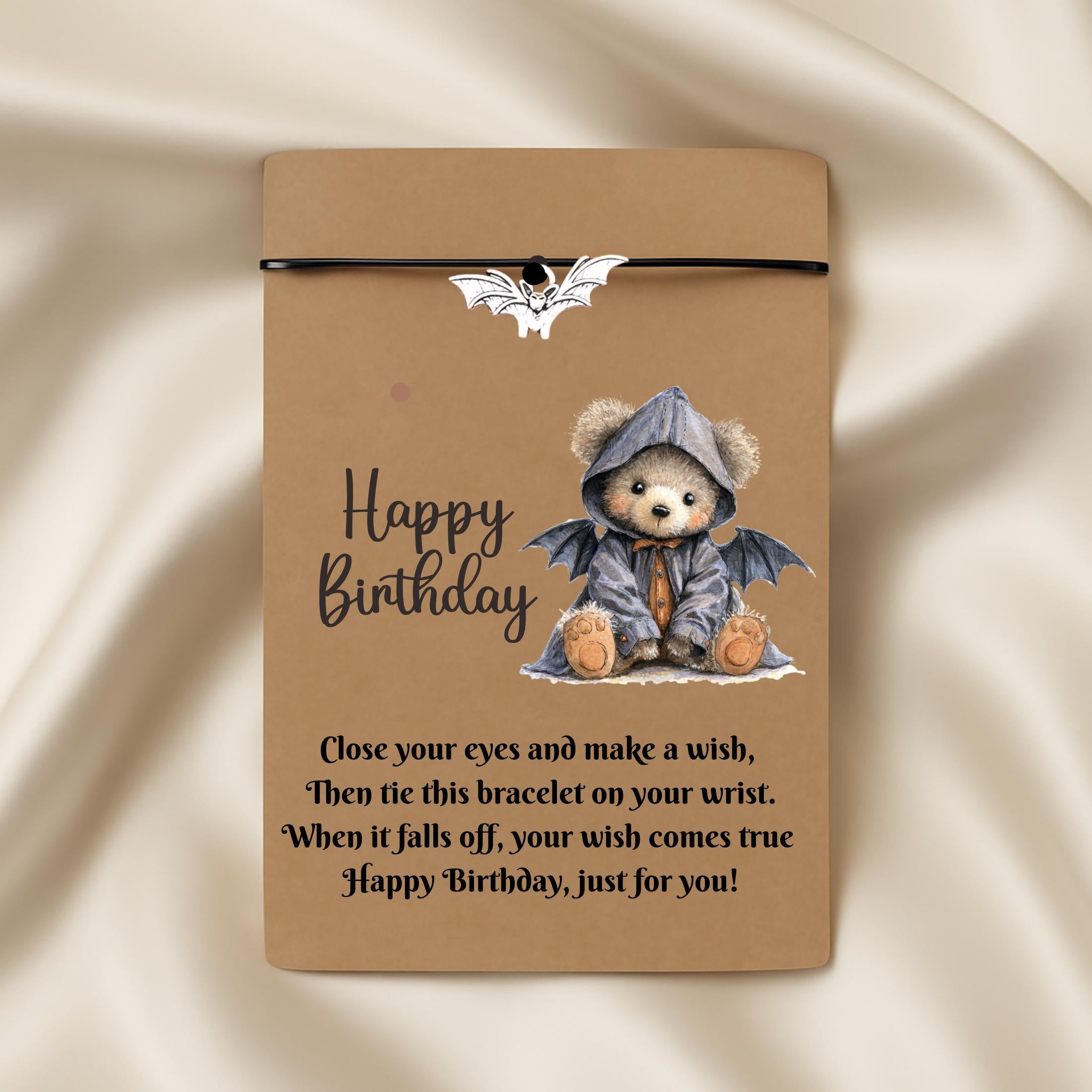 Birthday Card With Bat Charm Wish Bracelet. Wishes, Seasons, Envelope included. Friend Gift Family Gift,